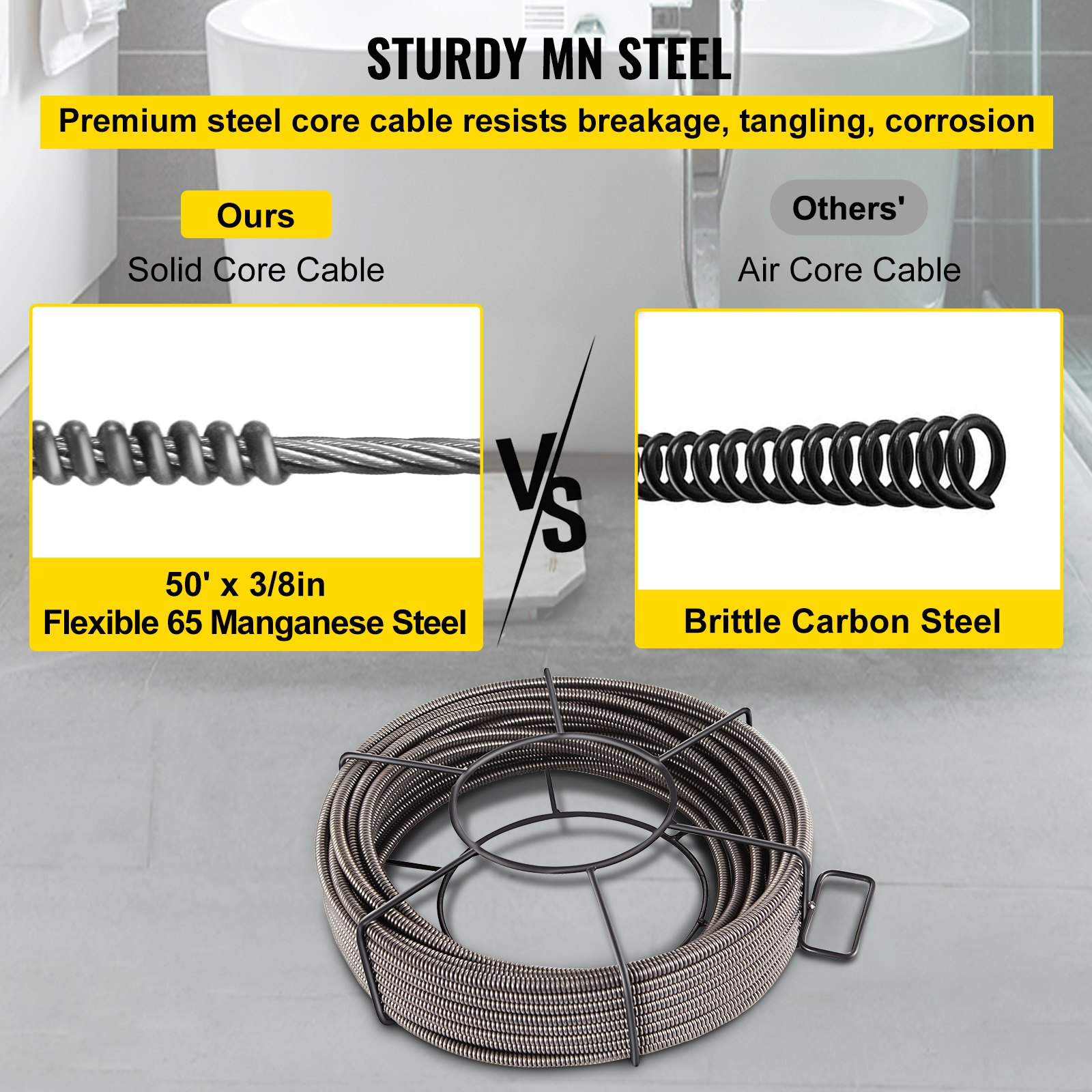 Drain Cleaning Cable 50 Feet x 3/8 Inch Solid Core Cable Sewer Cable Drain Auger