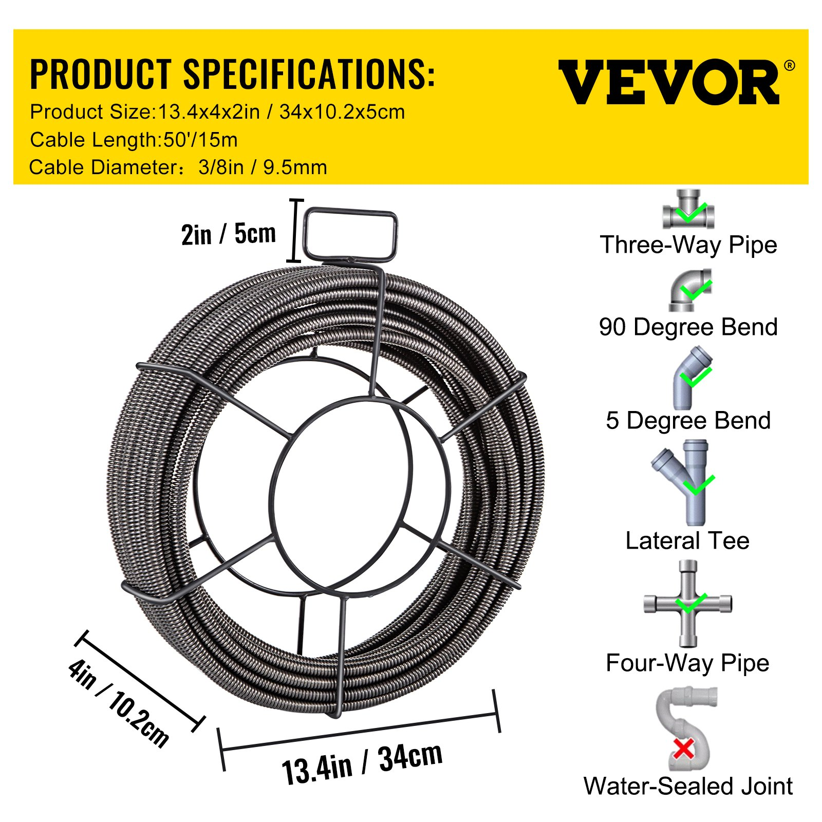 Drain Cleaning Cable 50 Feet x 3/8 Inch Solid Core Cable Sewer Cable Drain Auger