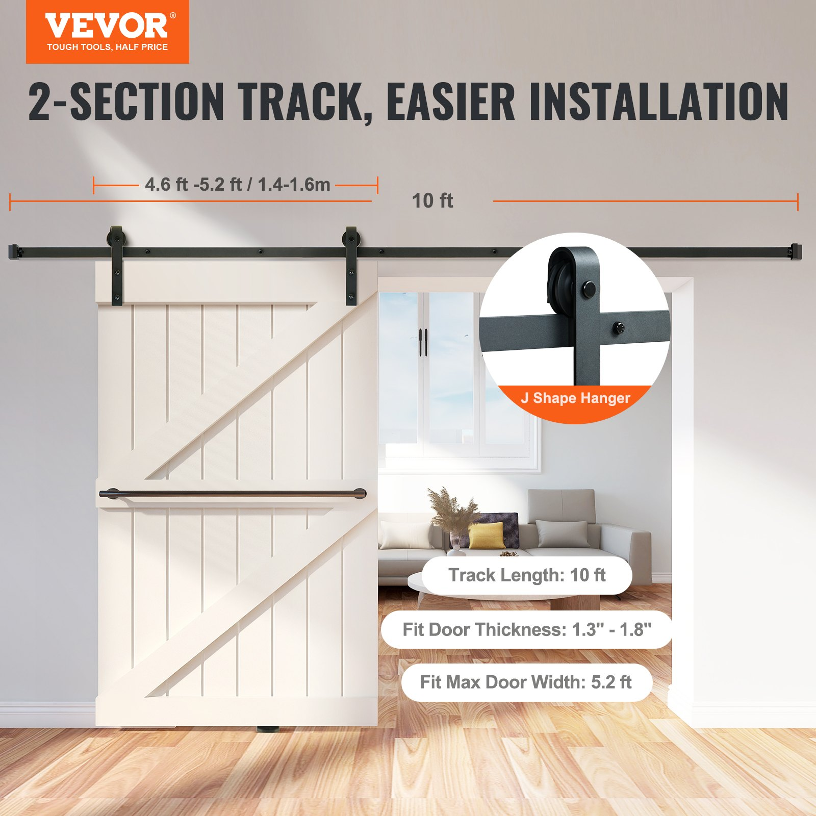 10FT Barn Door Hardware Kit 330LBS Heavy Duty Single Track with J Pulley - Bild 1 von 10
