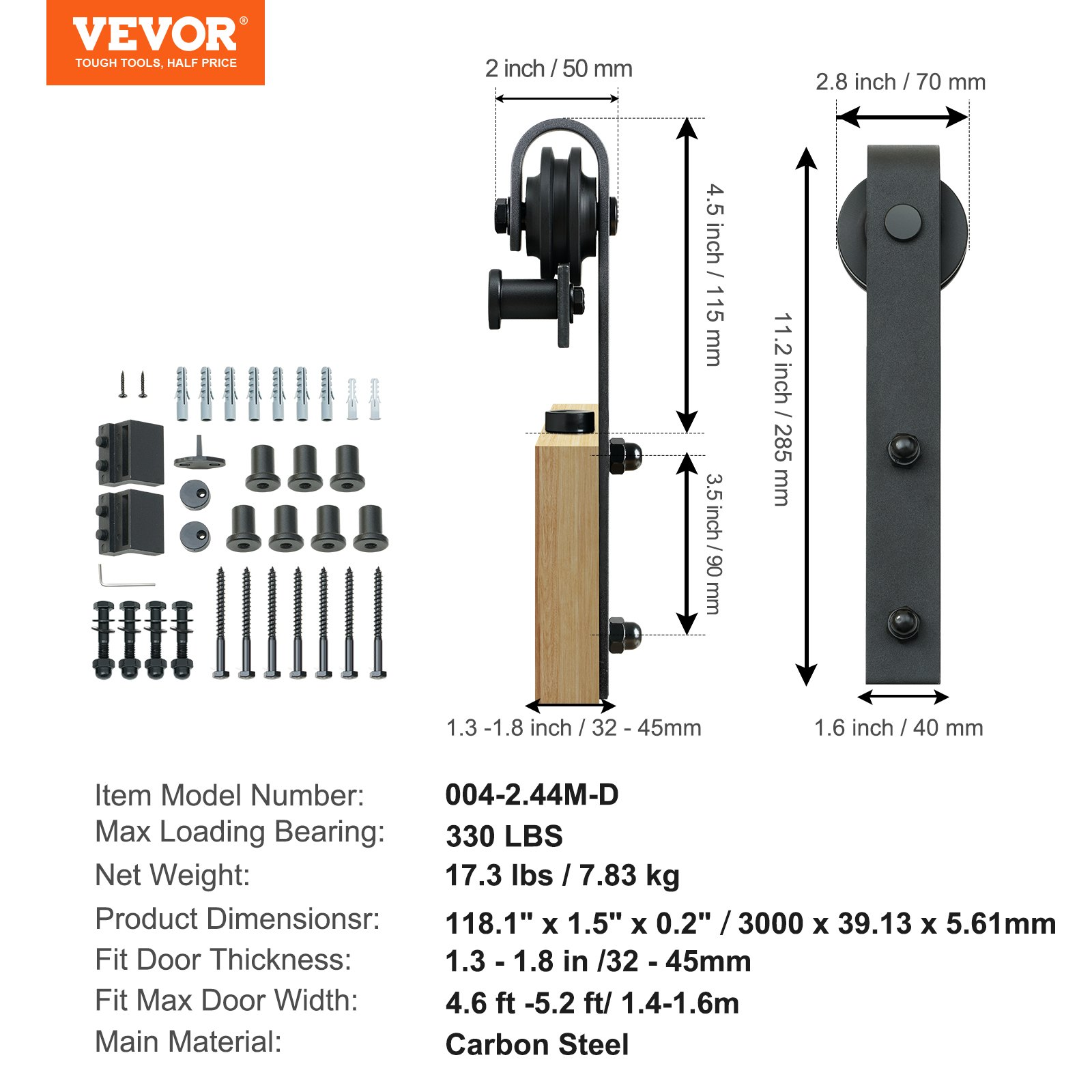 10FT Barn Door Hardware Kit 330LBS Heavy Duty Single Track with J Pulley - Bild 6 von 10