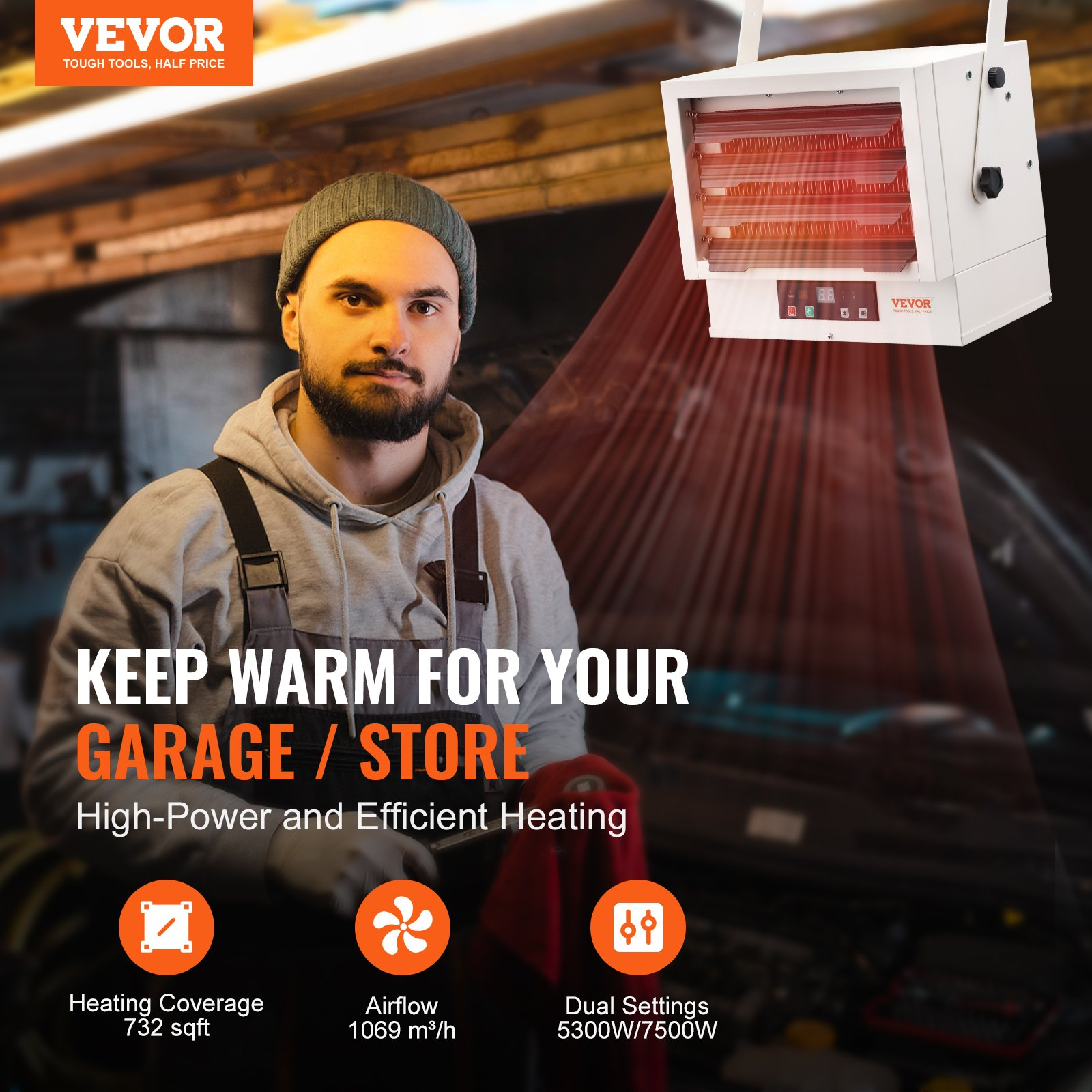 VEVOR Electric Garage Heater 7500-Watt Digital Fan-Forced Wall/Ceiling Mount Sh