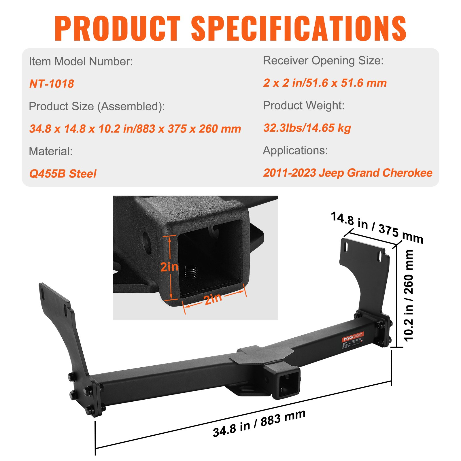Class 3 Trailer Hitch 2'' Receiver for 2011-2022 Jeep Grand Cherokee, Black - Picture 7 of 12
