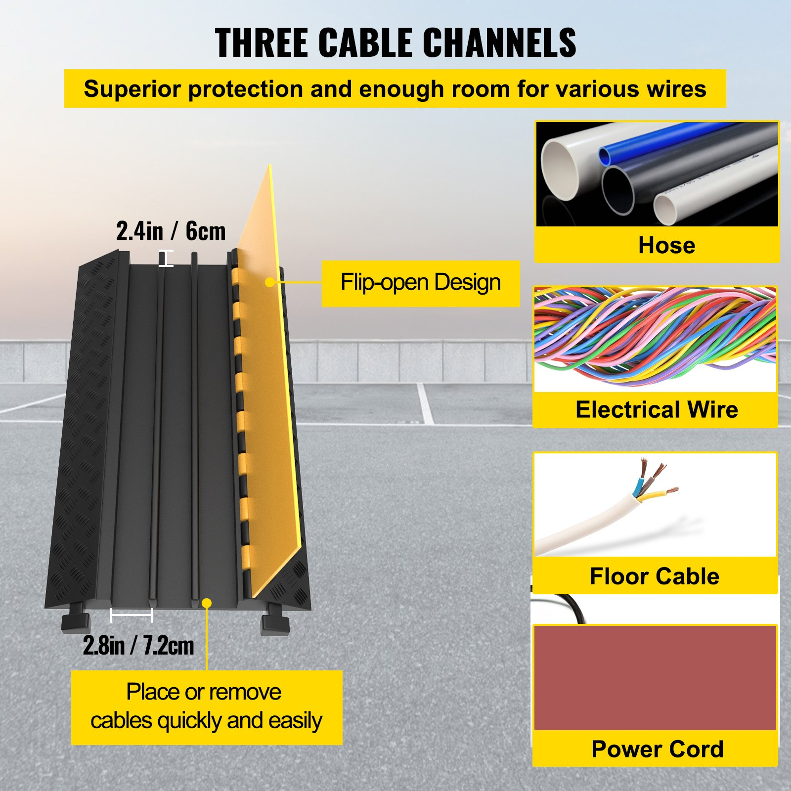 VEVOR 1 Pack of 3-Channel Rubber Cable Protector Ramps Heavy Duty 44000Lbs Load