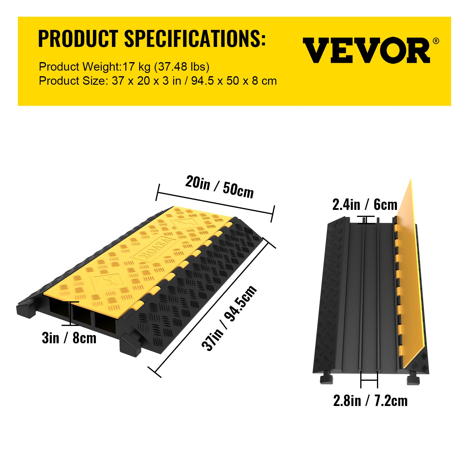 VEVOR 1 Pack of 3-Channel Rubber Cable Protector Ramps Heavy Duty 44000Lbs Load