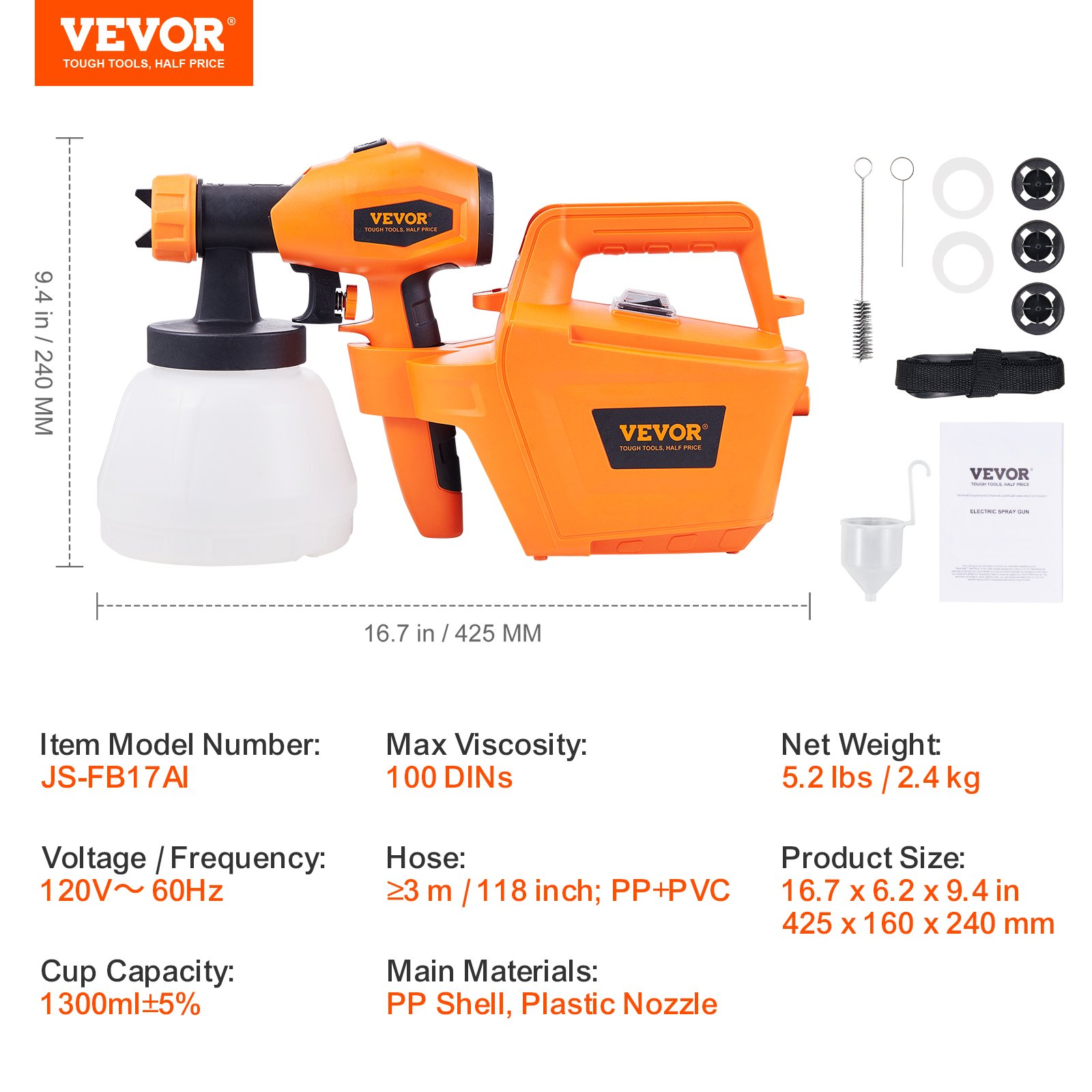 VEVOR Paint Sprayer, 500W Electric Spray Paint Gun with 10FT Air Hose, Fence