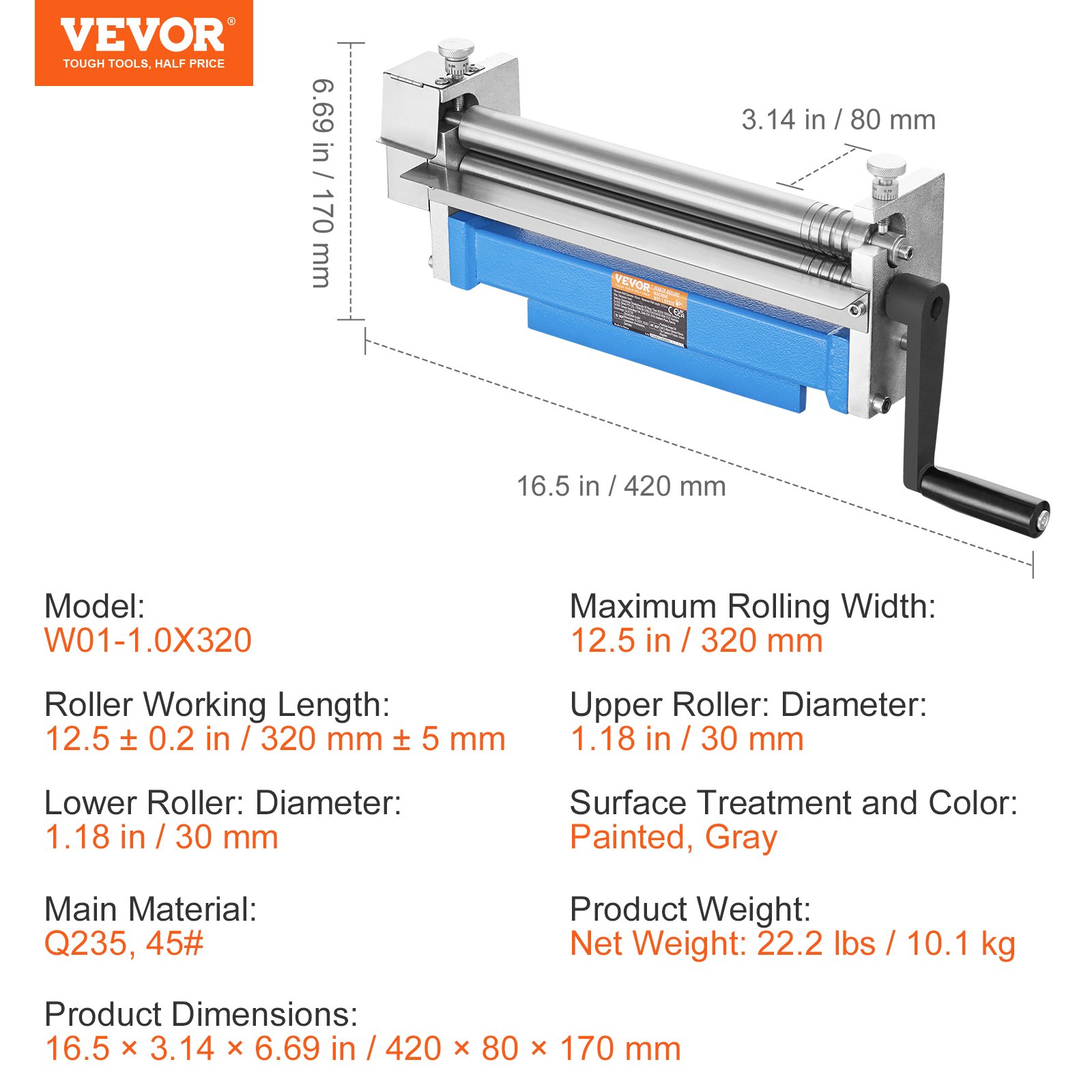 VEVOR 12.5" Slip Roll Machine 20 Gauge, Sheet Metal Rolling Bender