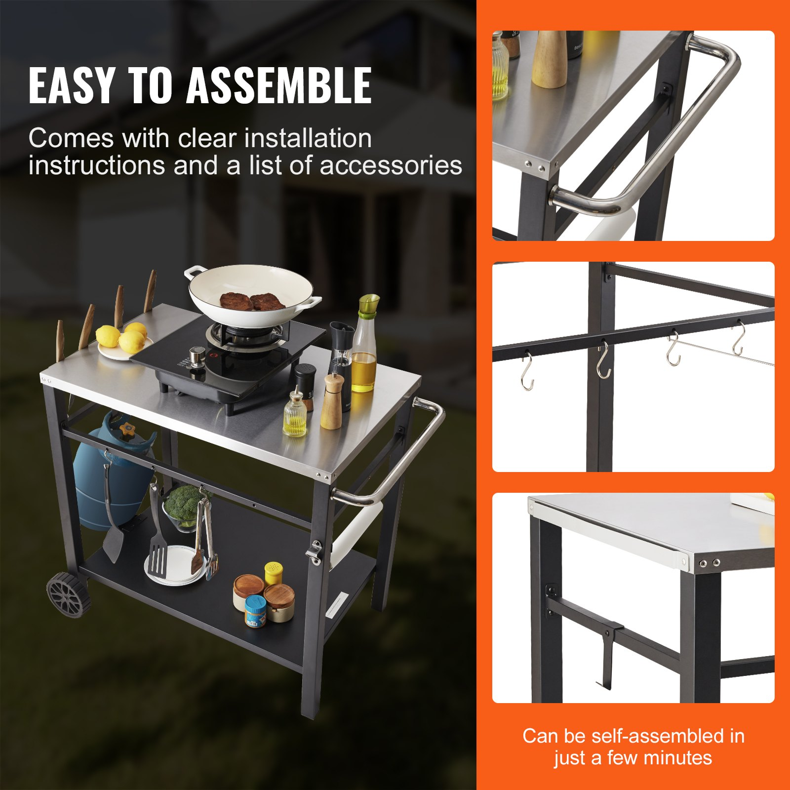 Outdoor Grill Dining Cart with Double-Shelf, BBQ Movable Food Prep Table, Multif