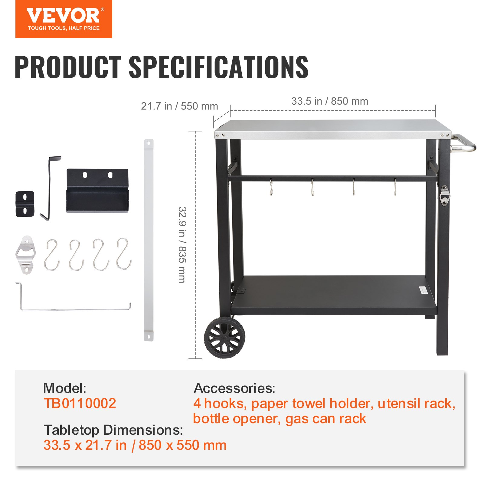 Outdoor Grill Dining Cart with Double-Shelf, BBQ Movable Food Prep Table, Multif