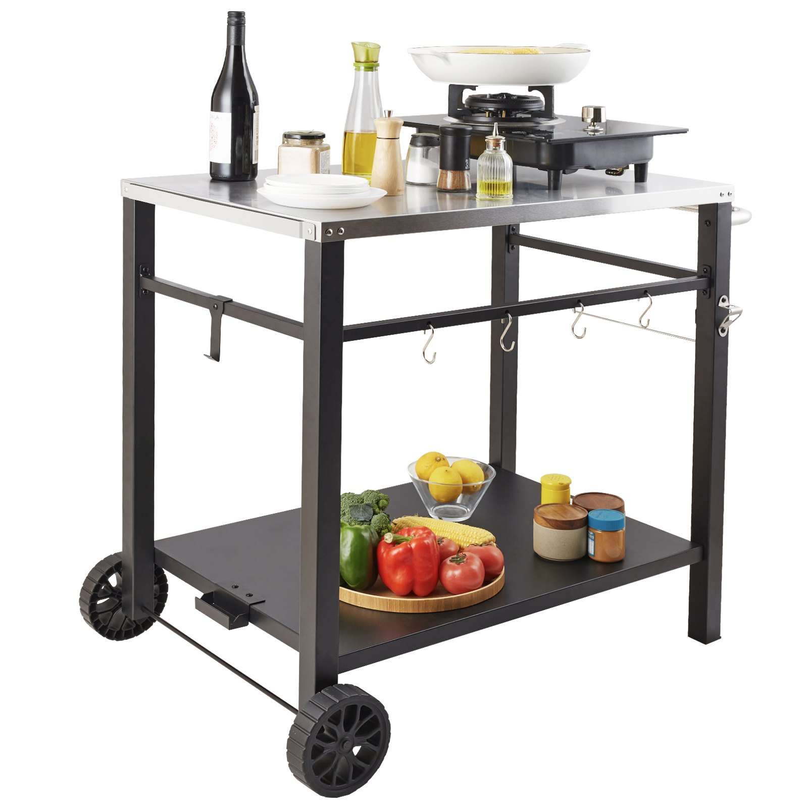 Outdoor Grill Dining Cart with Double-Shelf, BBQ Movable Food Prep Table, Multif