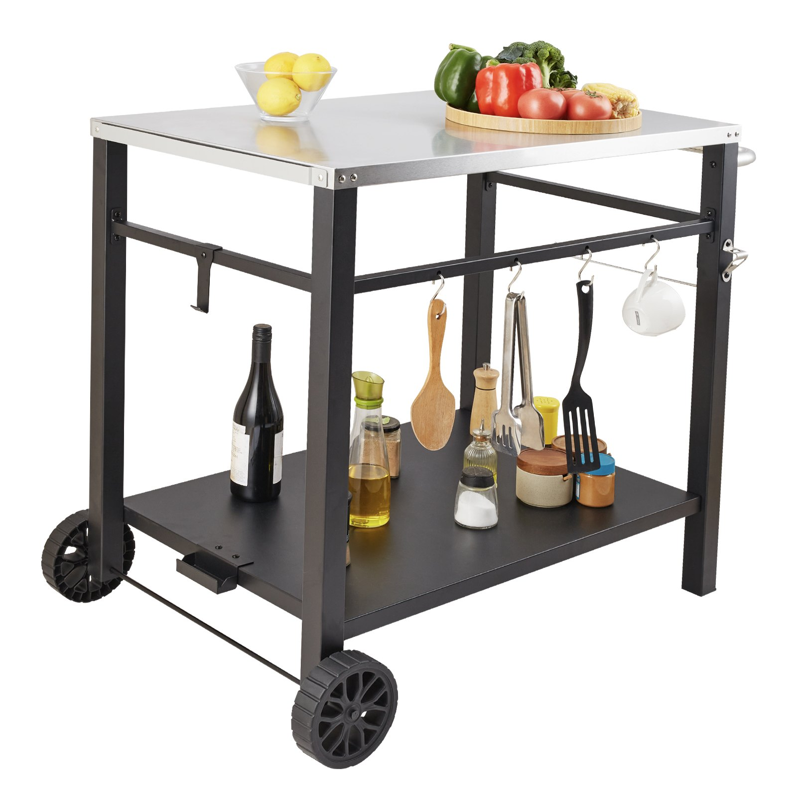 Outdoor Grill Dining Cart with Double-Shelf, BBQ Movable Food Prep Table, Multif