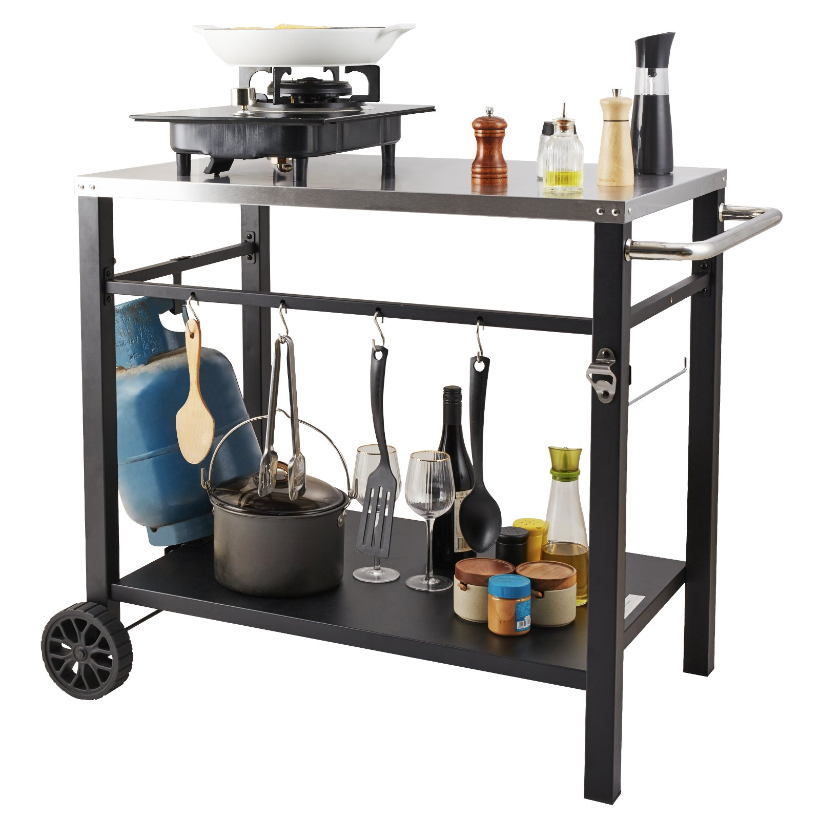 Outdoor Grill Dining Cart with Double-Shelf, BBQ Movable Food Prep Table, Multif