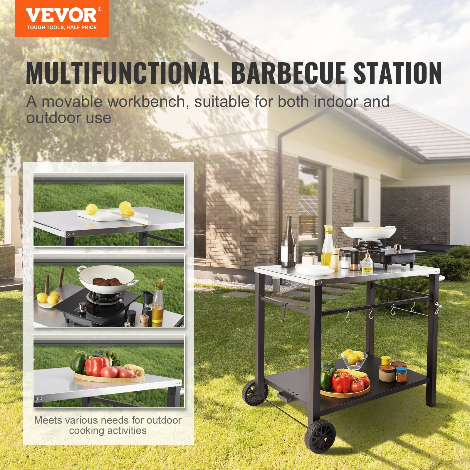 Outdoor Grill Dining Cart with Double-Shelf, BBQ Movable Food Prep Table, Multif