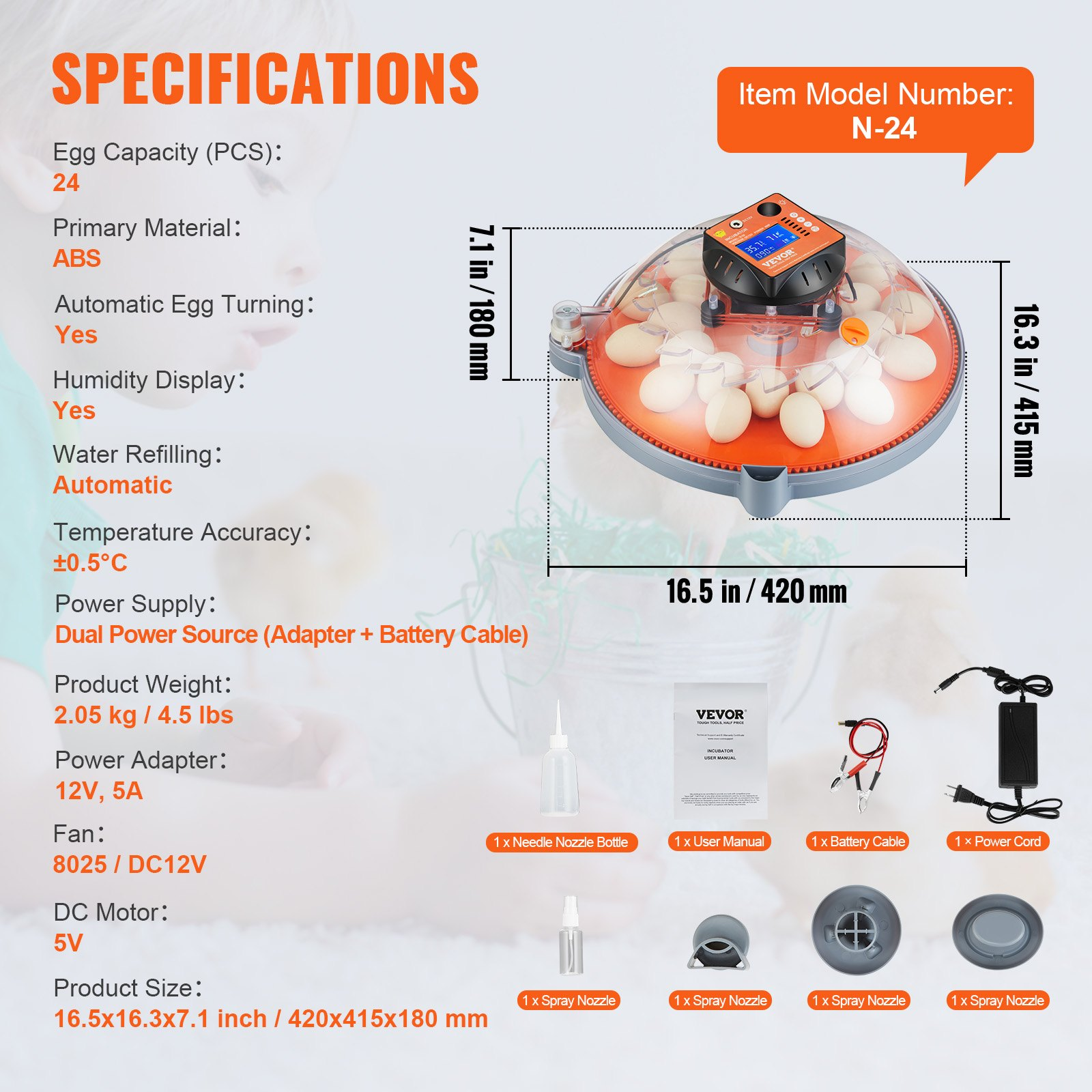 Egg Incubator, Automatic Turner Temp/Humidity Control 24 Eggs Hatcher, ABS Shell