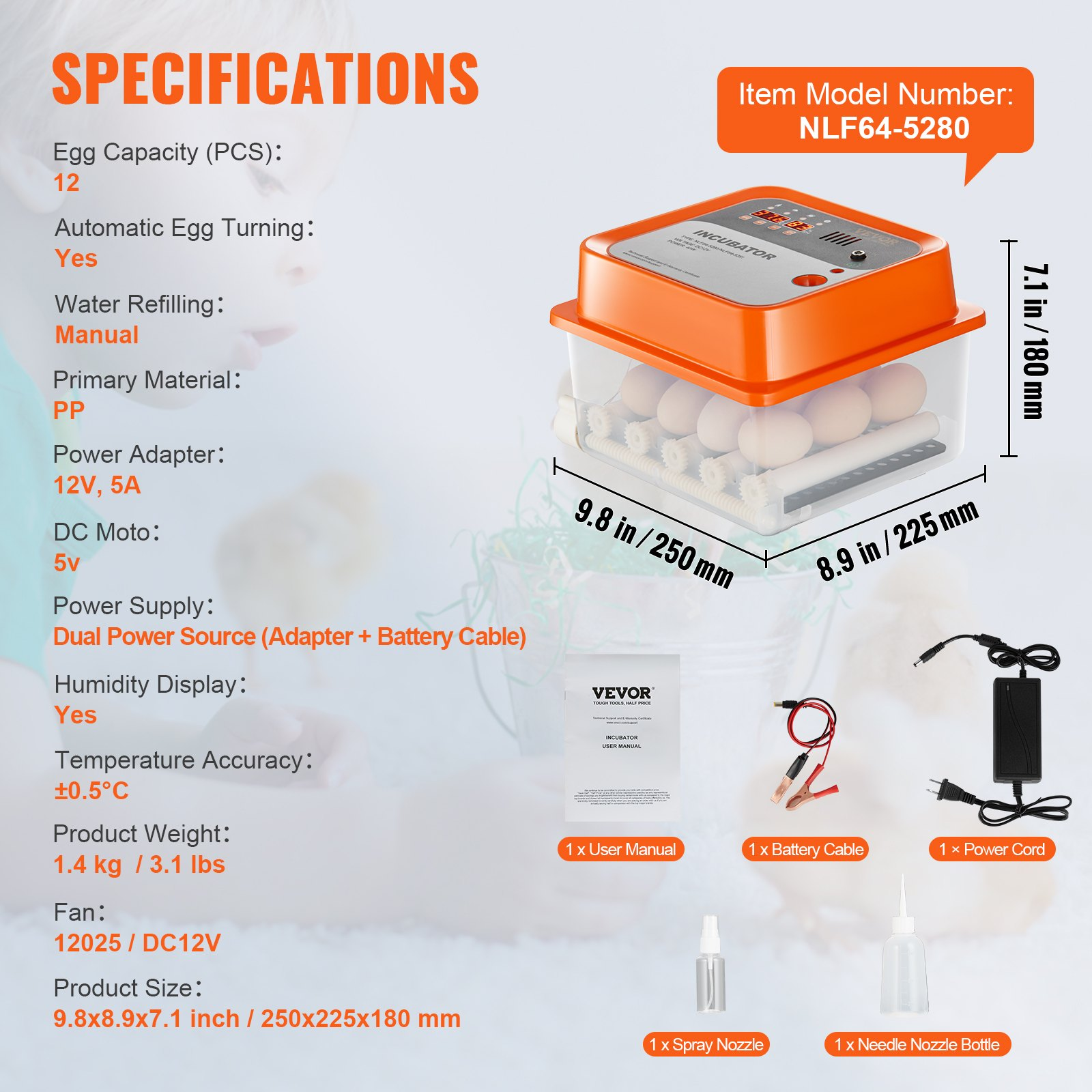 Egg Incubator, Automatic Turner Temp/Humidity Control 12 Eggs Hatcher, ABS Shell