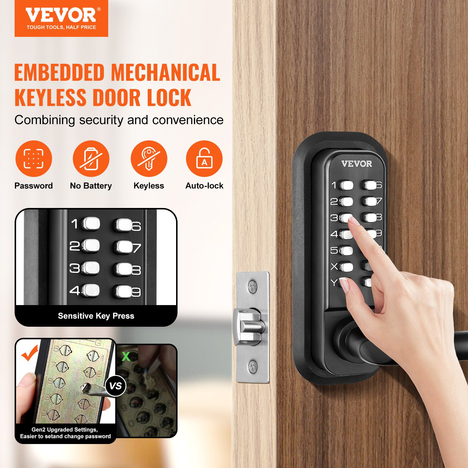 Mechanical Keyless Entry Door Lock, 14 Digit Keypad, Storage Shed - Imagen 1 de 10