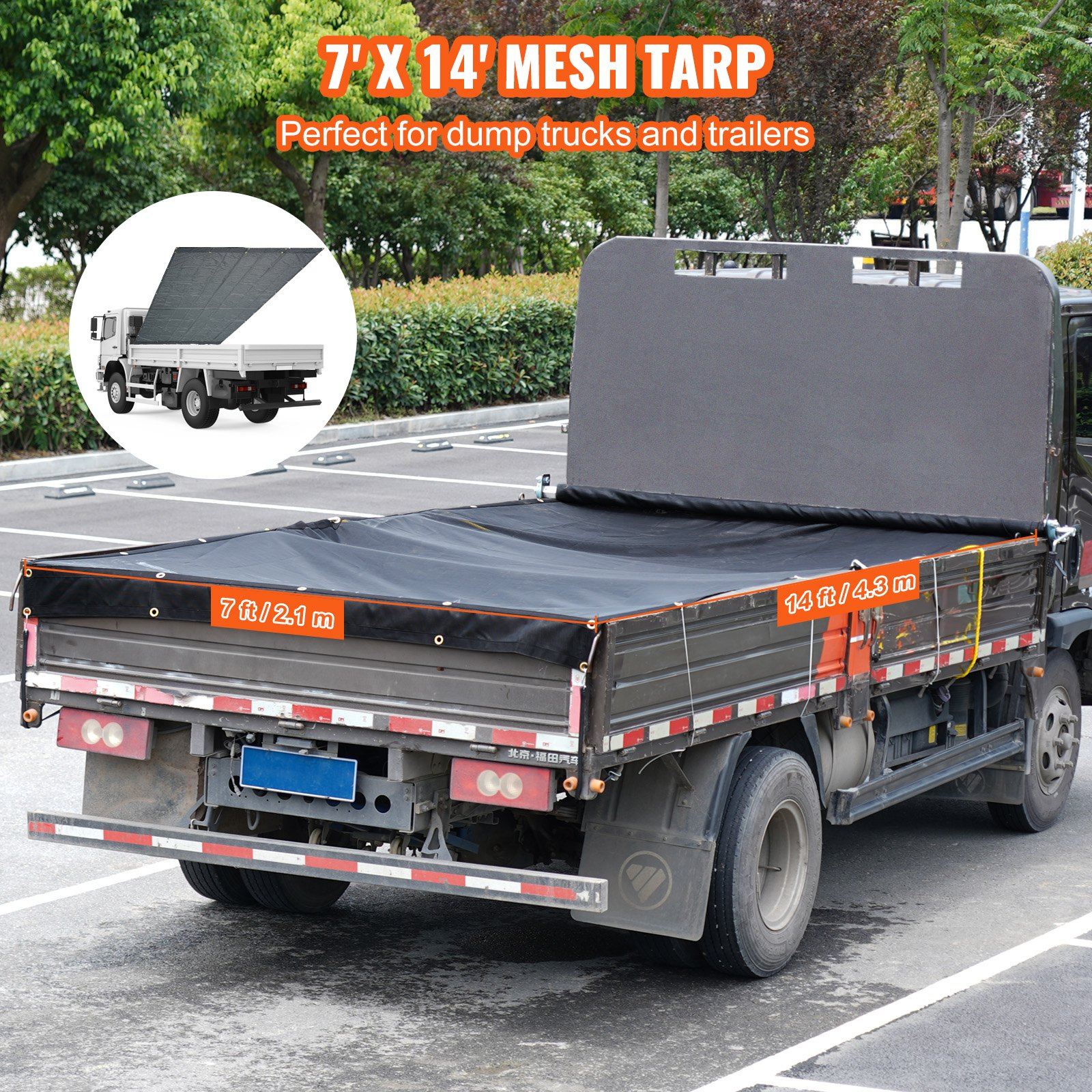 VEVOR Heavy Duty Dump Truck Mesh Tarp 7 x 14 ft - PVC Coated, Double Pocket 18oz