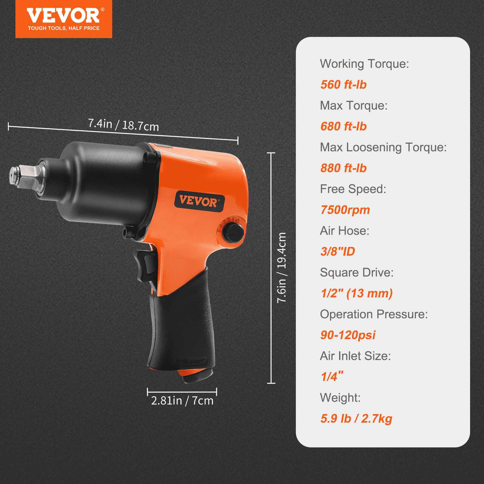 VEVOR Air Impact Wrench - 1/2" Drive, 880ft-lbs Nut-busting Torque - Picture 7 of 12