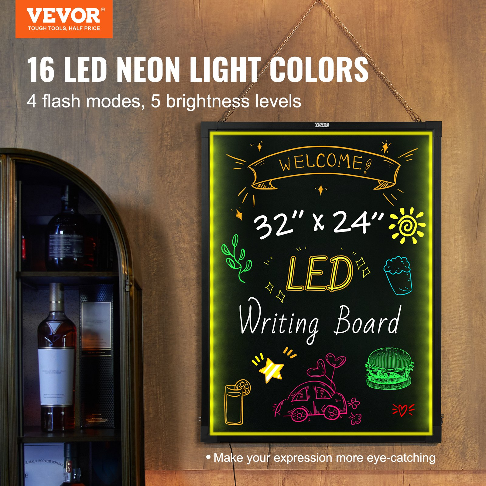 VEVOR LED Message Writing Board, 32"x24" Illuminated Erasable Lighted Chalkboard