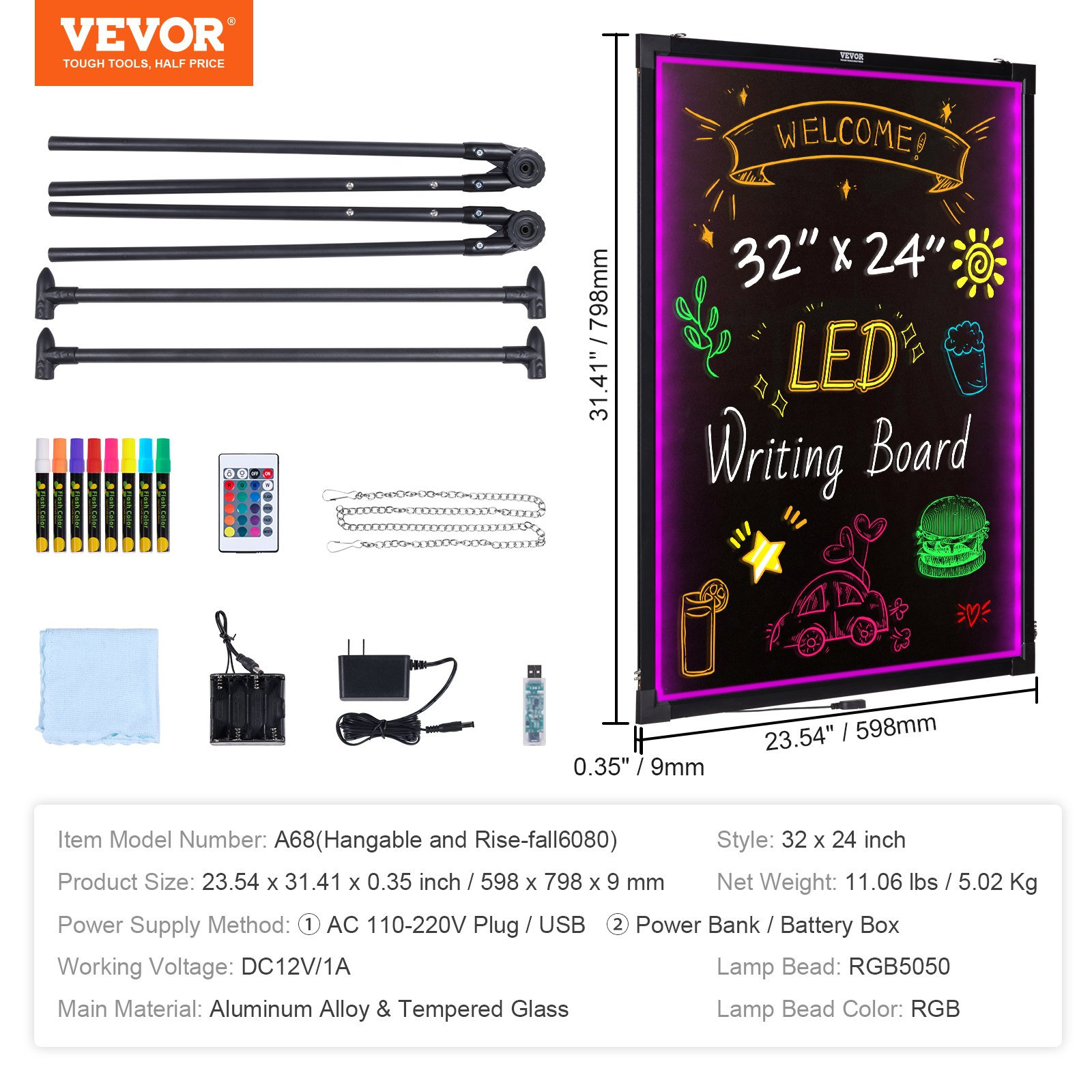 VEVOR LED Message Writing Board, 32"x24" Illuminated Erasable Lighted Chalkboard