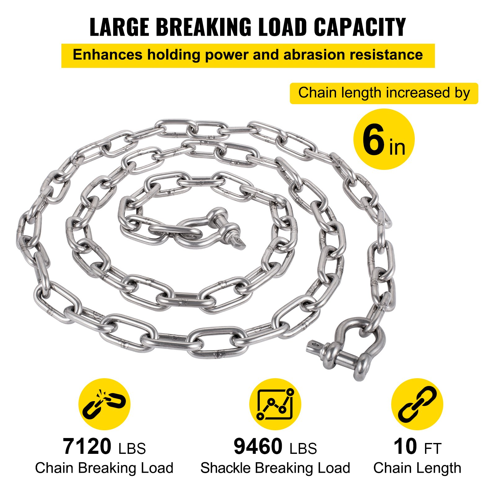 Anchor Chain 10 ft x 5/16" 316 Stainless Steel w/Shackle for Boats 7120lbs Load - Picture 2 of 10