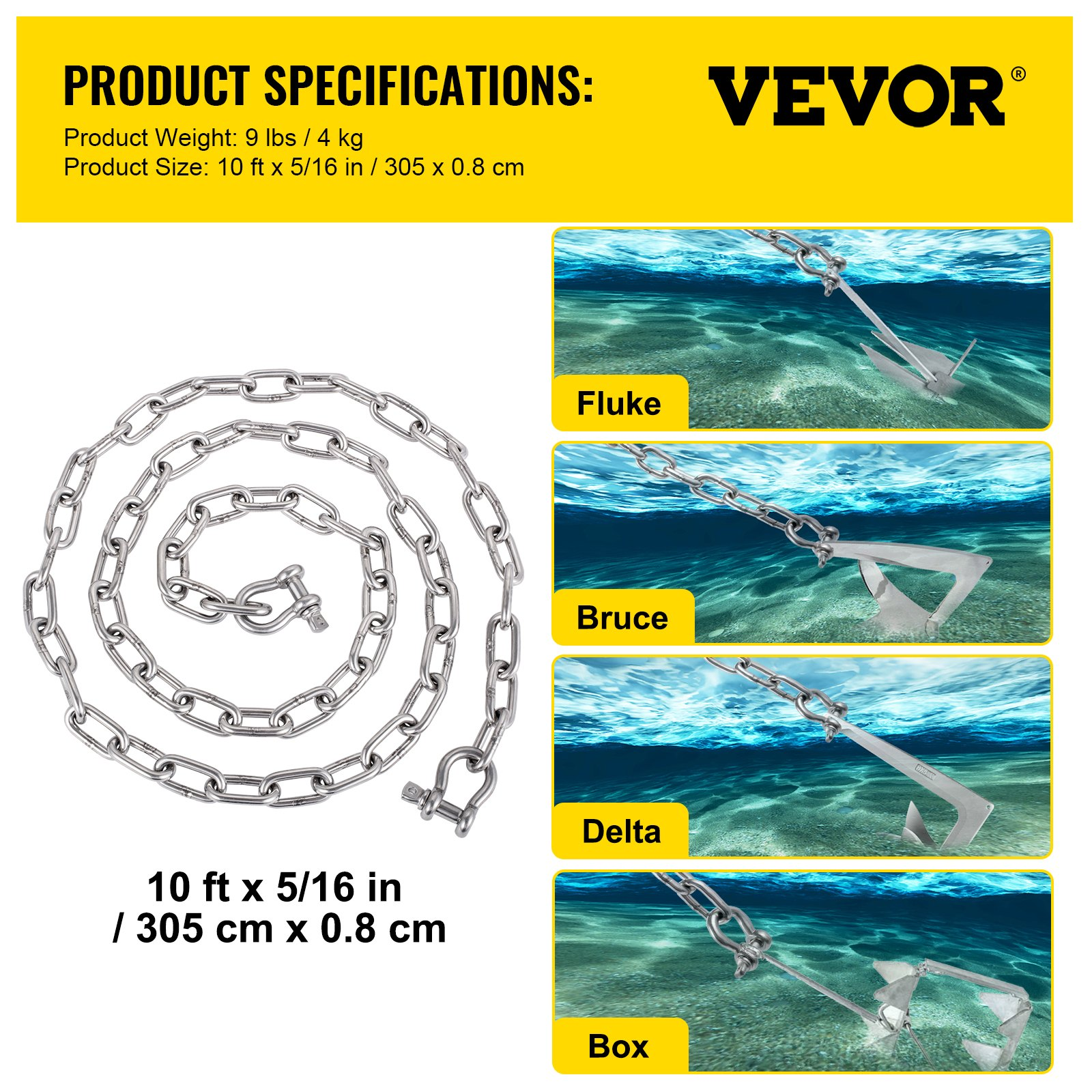 Anchor Chain 10 ft x 5/16" 316 Stainless Steel w/Shackle for Boats 7120lbs Load - Picture 5 of 10