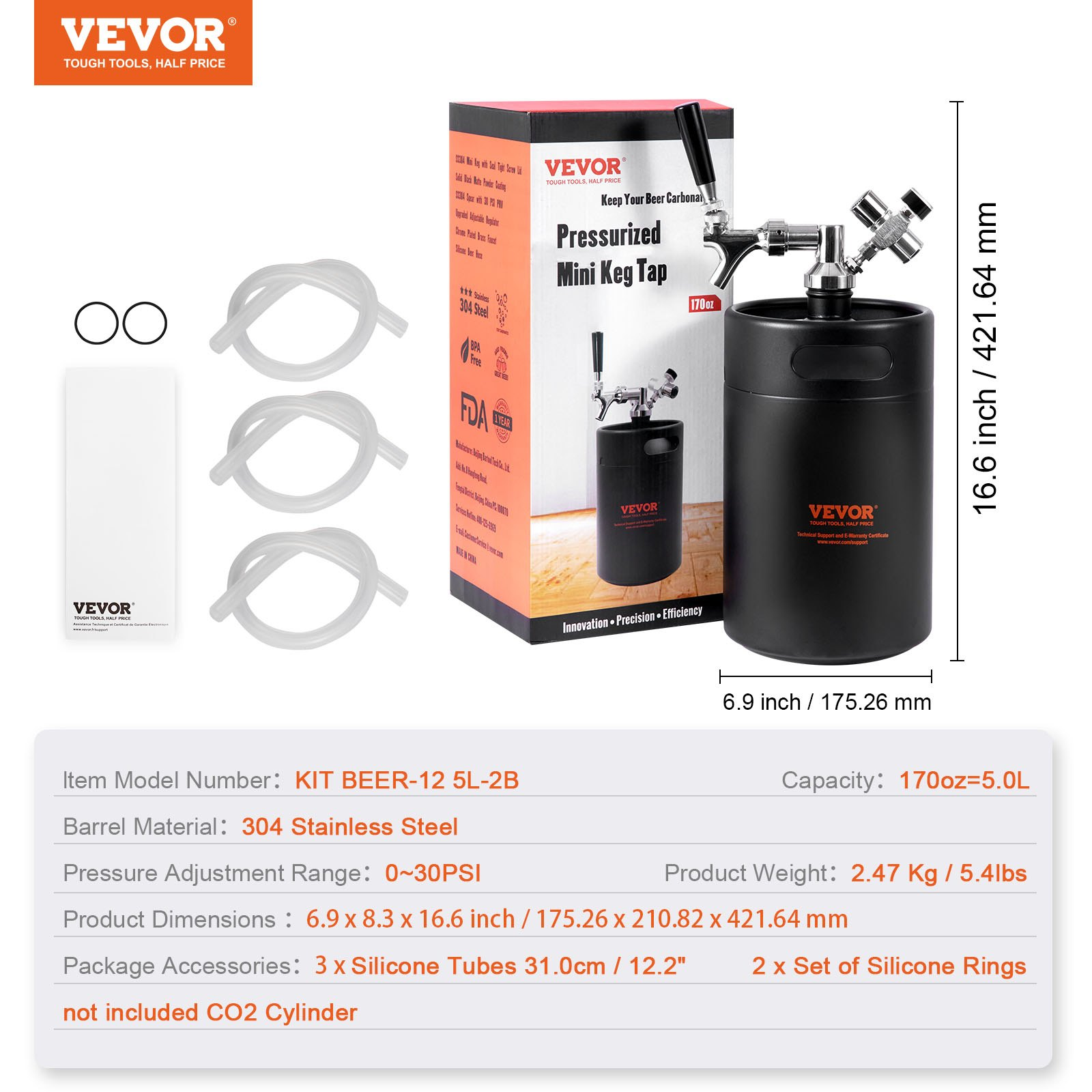 VEVOR Beer Growler Tap System, 170Oz 5L Mini Keg, Craft Beer