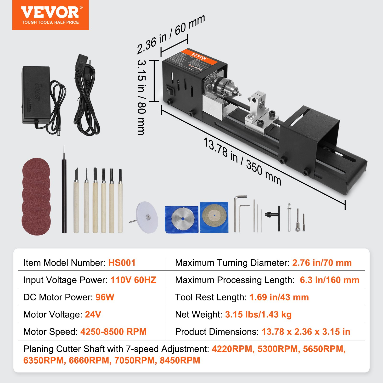 VEVOR Compact Lathe Machine | 96W 24V, 7-Speed Mini Lathe for DIY
