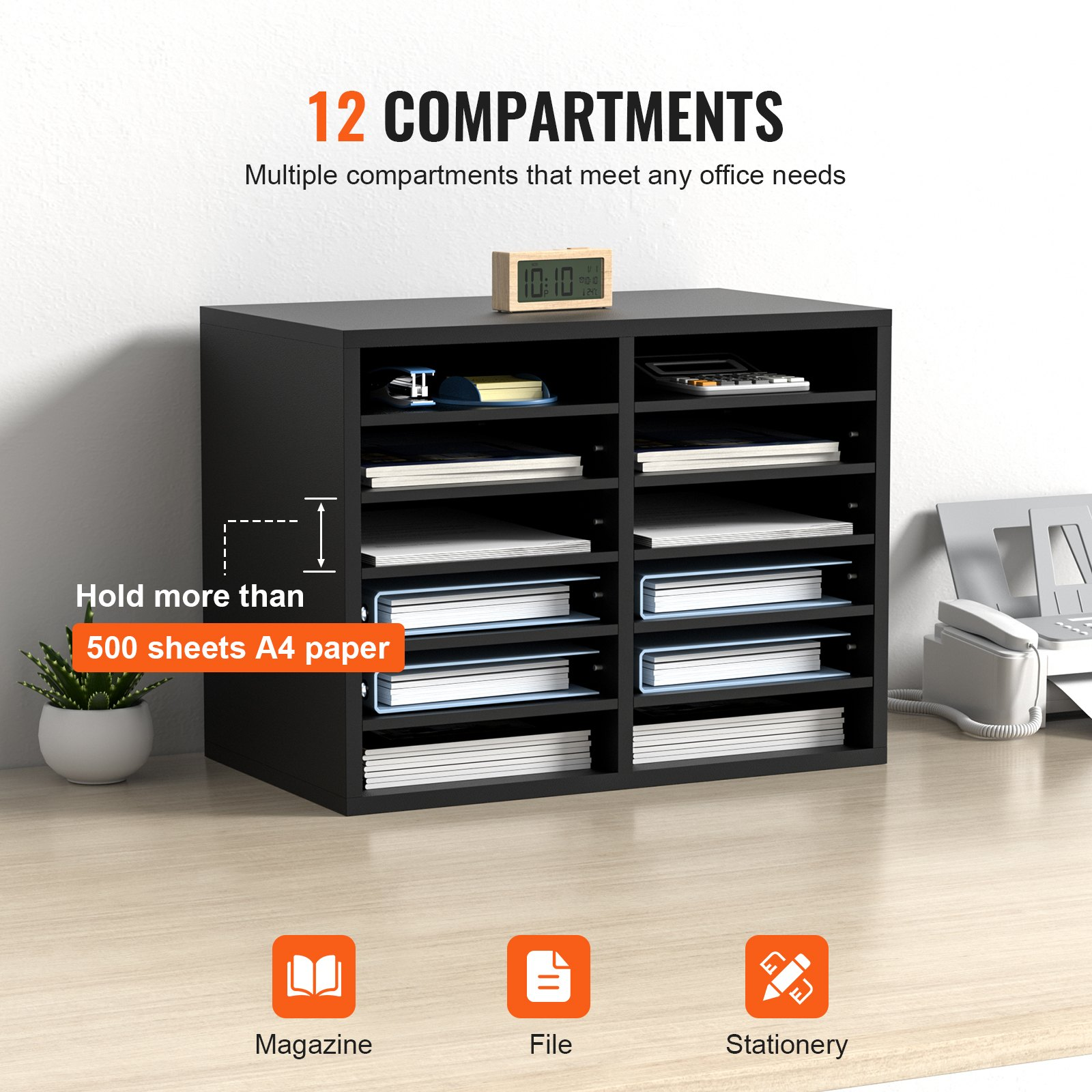 12 Compartments, File Sorter with Removable Shelves, Black