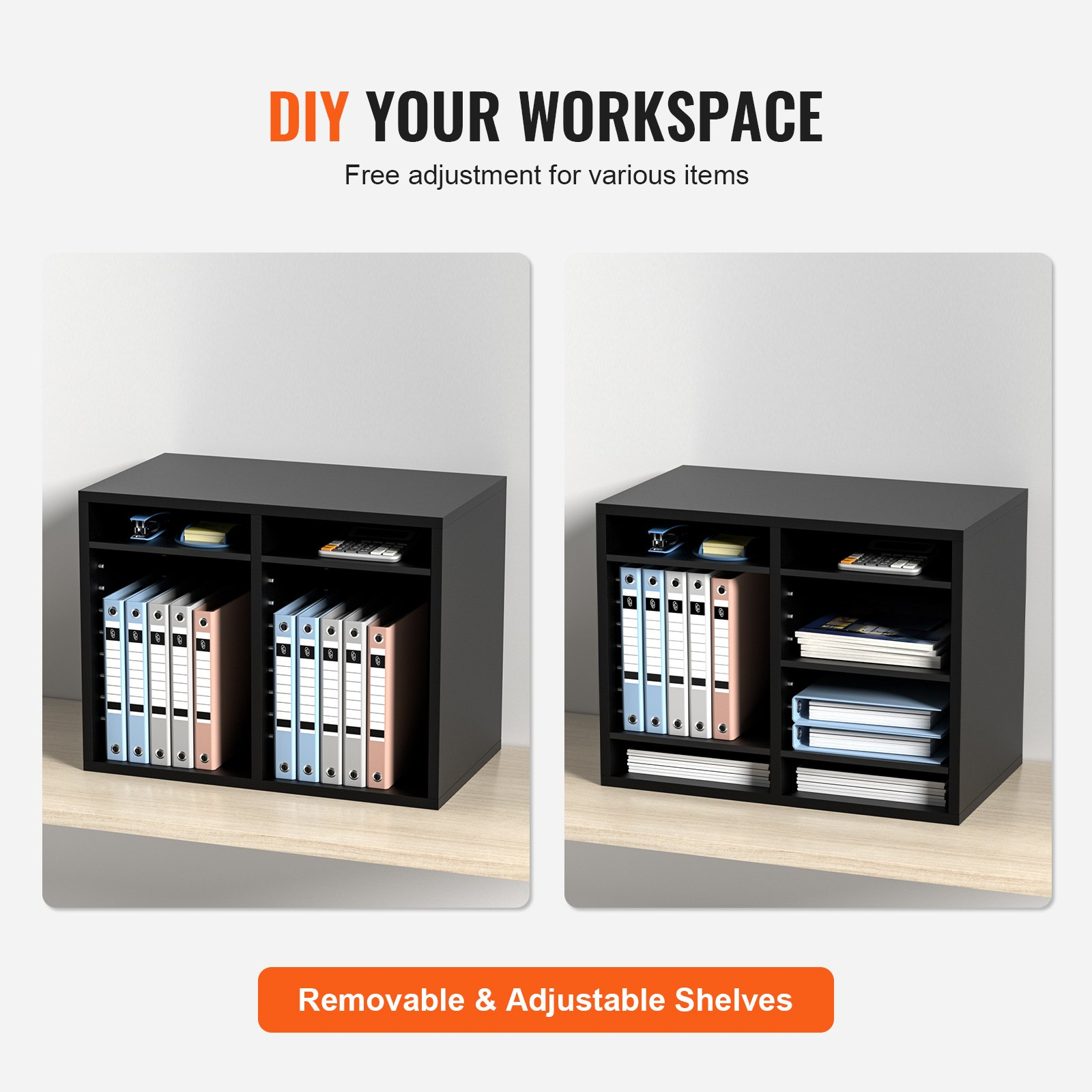 12 Compartments, File Sorter with Removable Shelves, Black