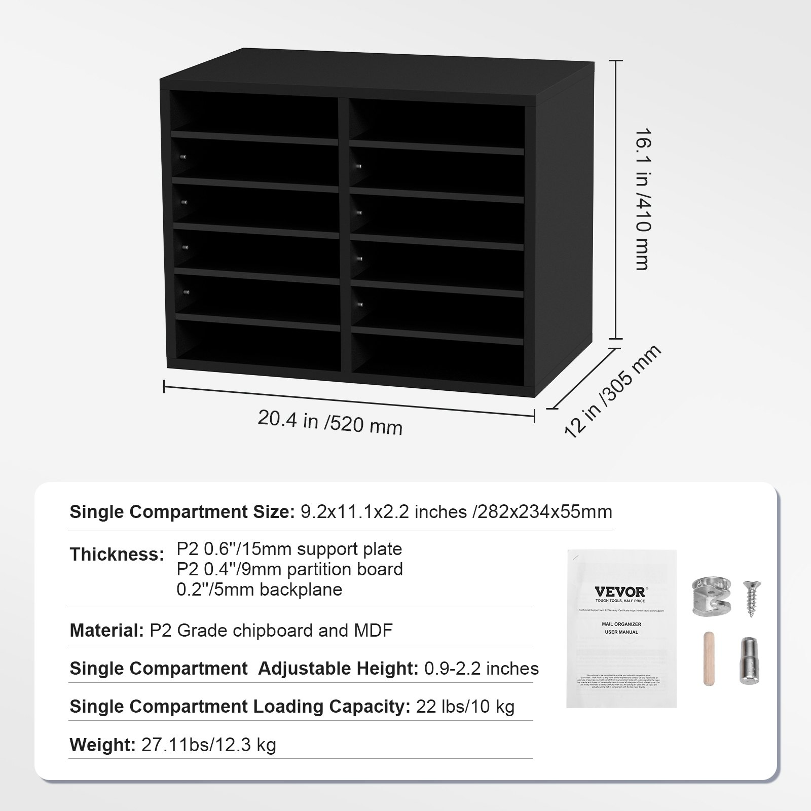 12 Compartments, File Sorter with Removable Shelves, Black