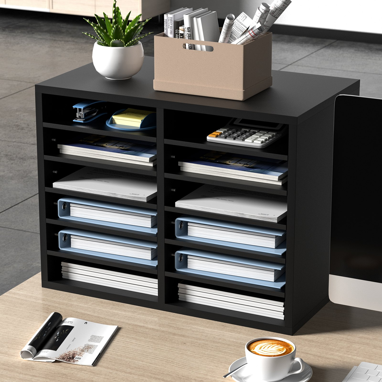 12 Compartments, File Sorter with Removable Shelves, Black