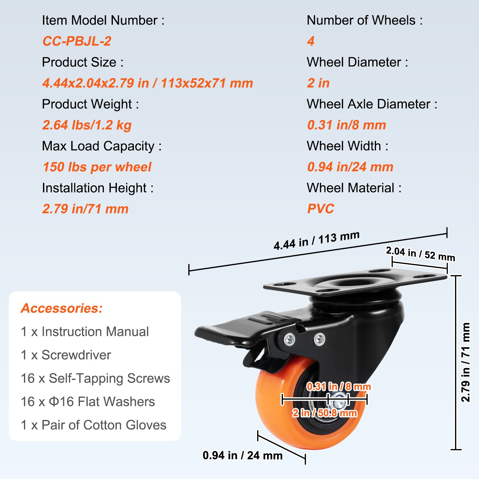 VEVOR Caster Wheels, Non-Marking Wheels for Cart Furniture Workbench - Picture 6 of 10
