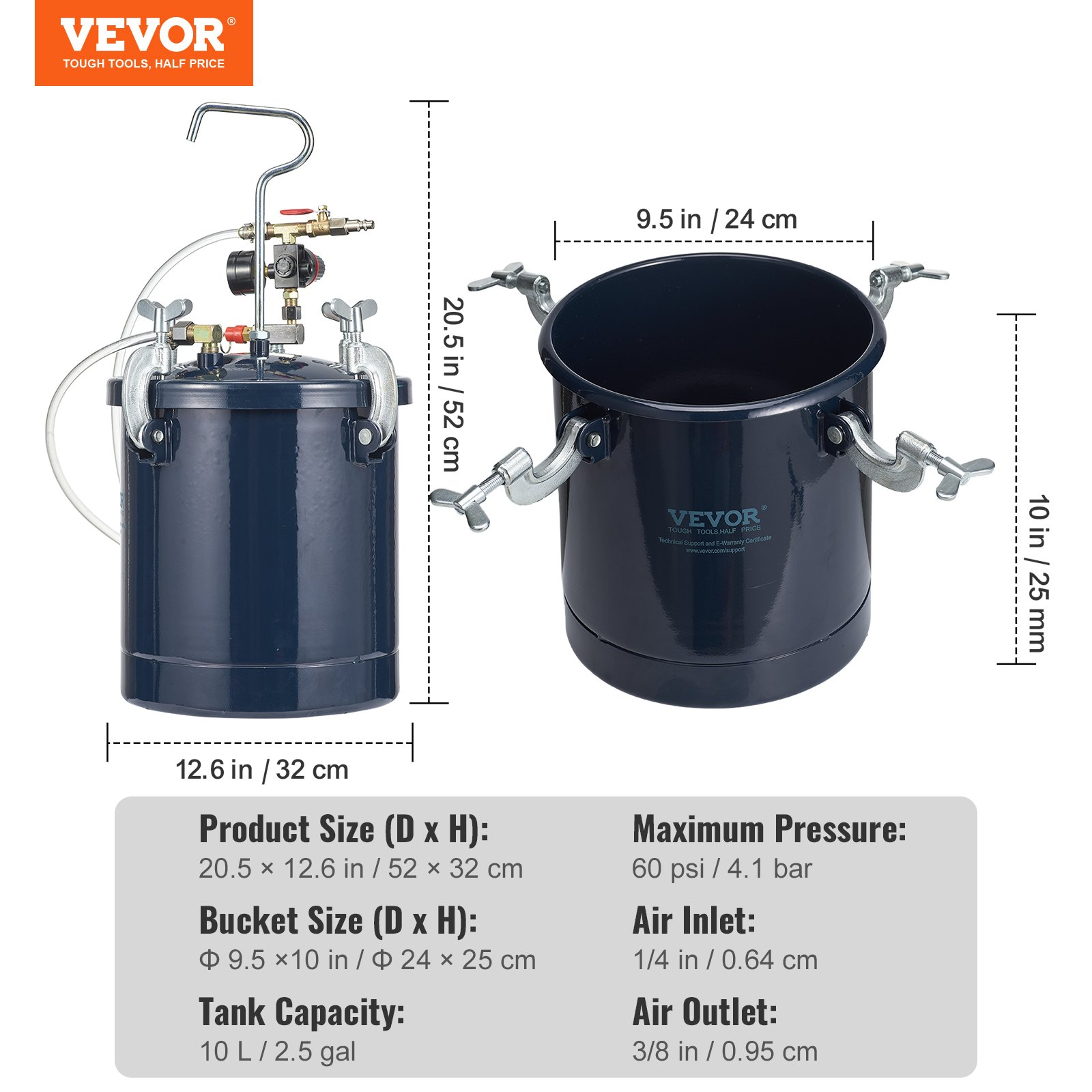 10L Spray Paint Pressure Pot, 2.5gal Tank with 1.5mm & 4mm Nozzles, 60 PSI Max