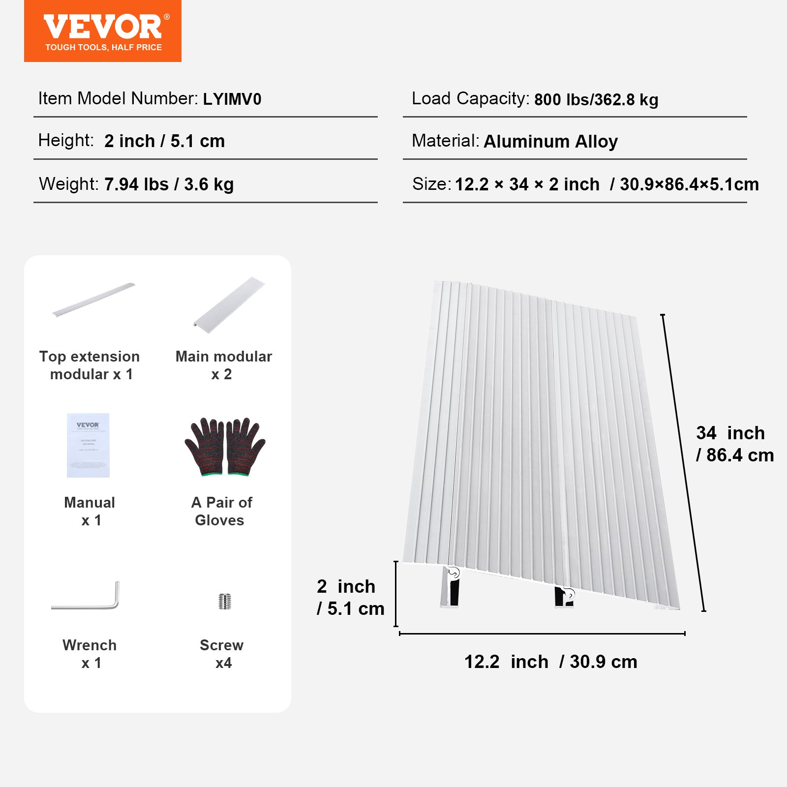 VEVOR Door Threshold Ramp, 2" Rise, 800 lbs Load Capacity, Power Chairs