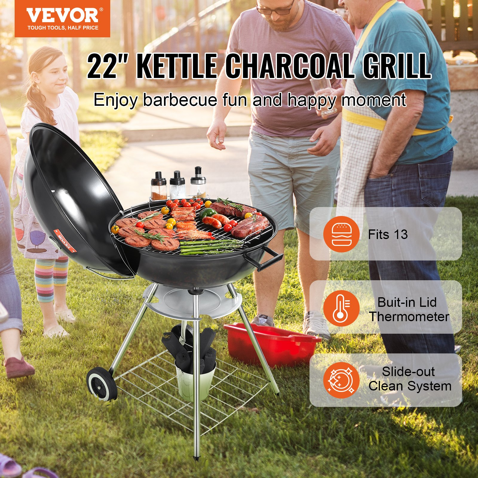 22 Inch Kettle Charcoal Grill - Premium BBQ Grill with Wheels & Protective Cover