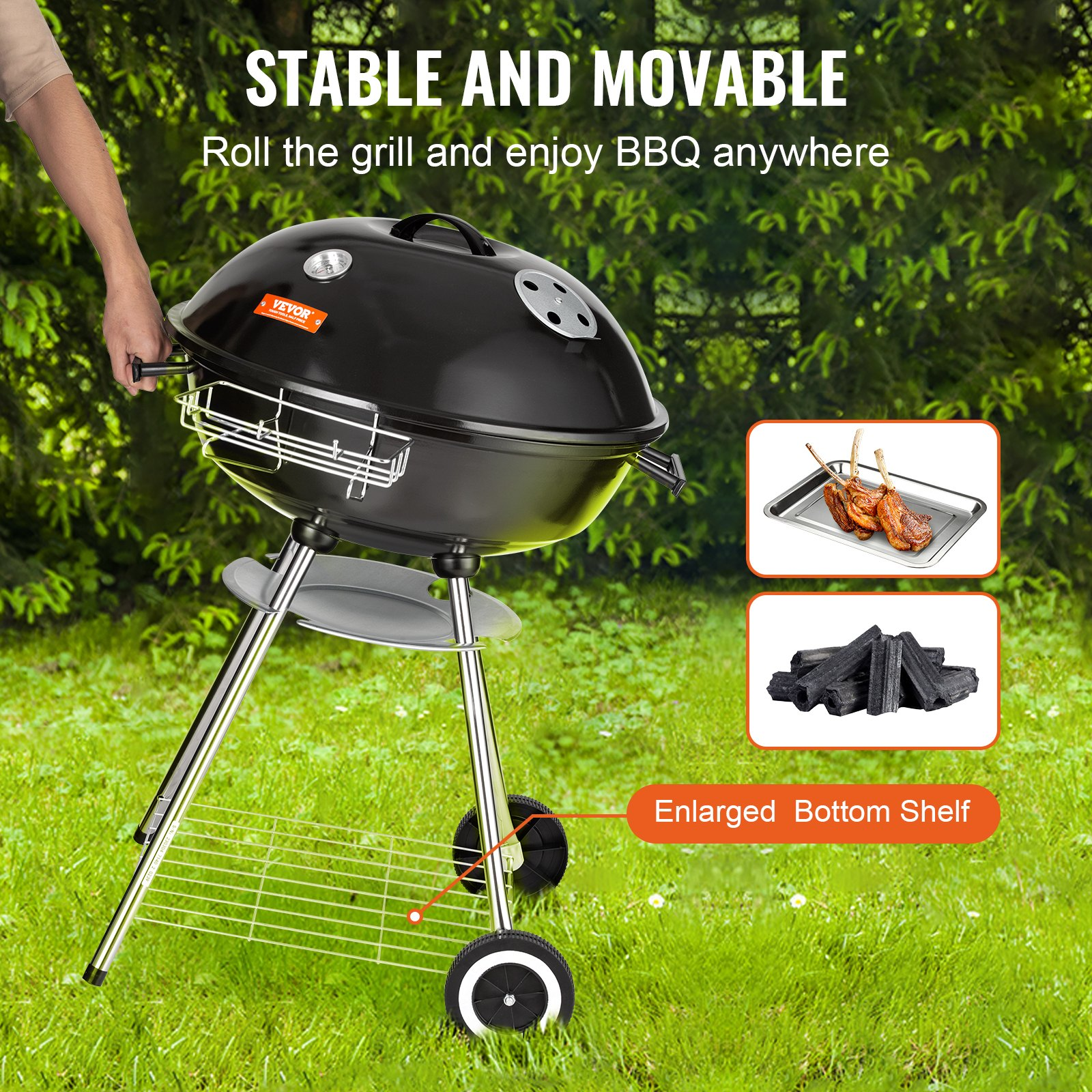 22 Inch Kettle Charcoal Grill - Premium BBQ Grill with Wheels & Protective Cover