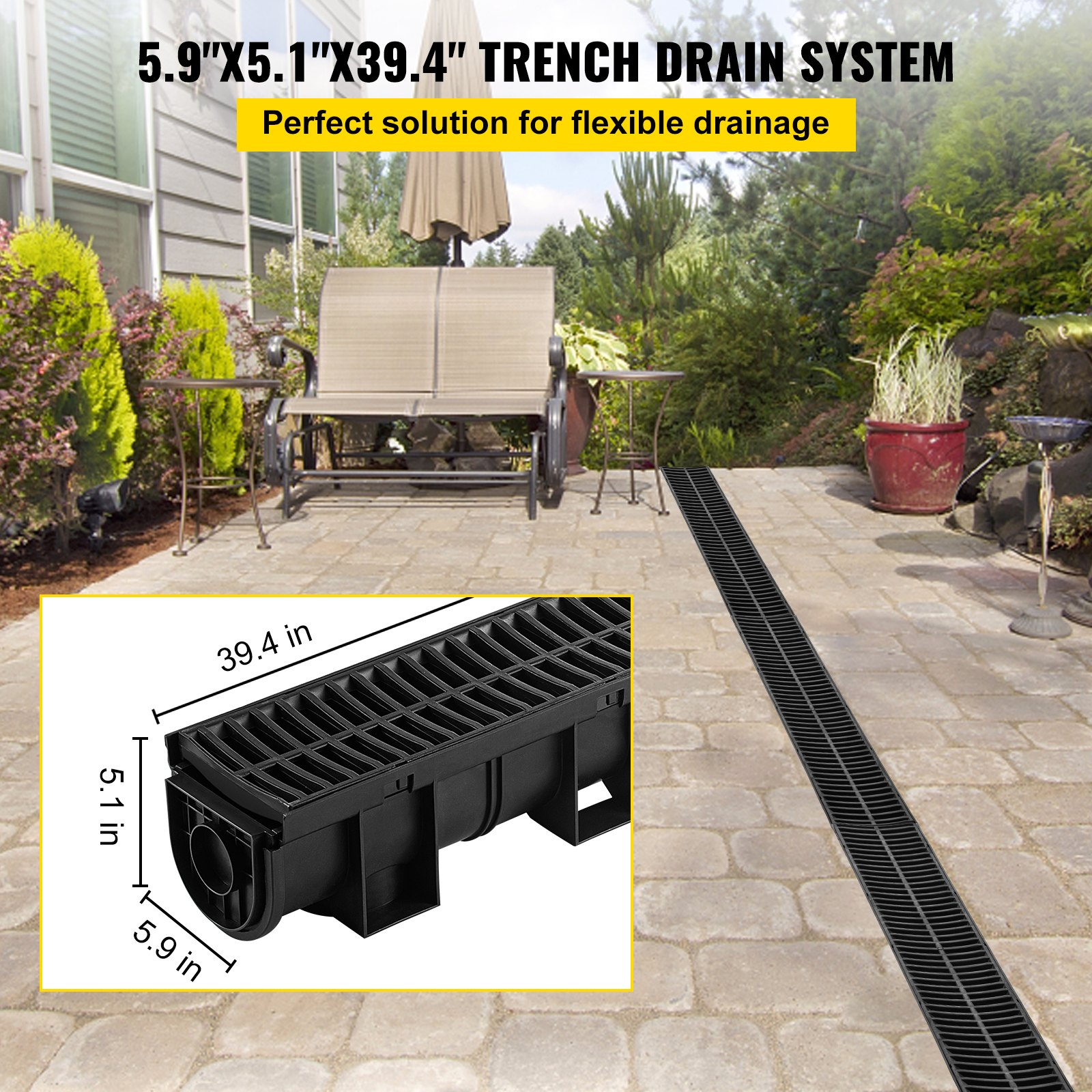 Trench Drain System, Channel Drain with Plastic Grate, Driveway-6 Pack