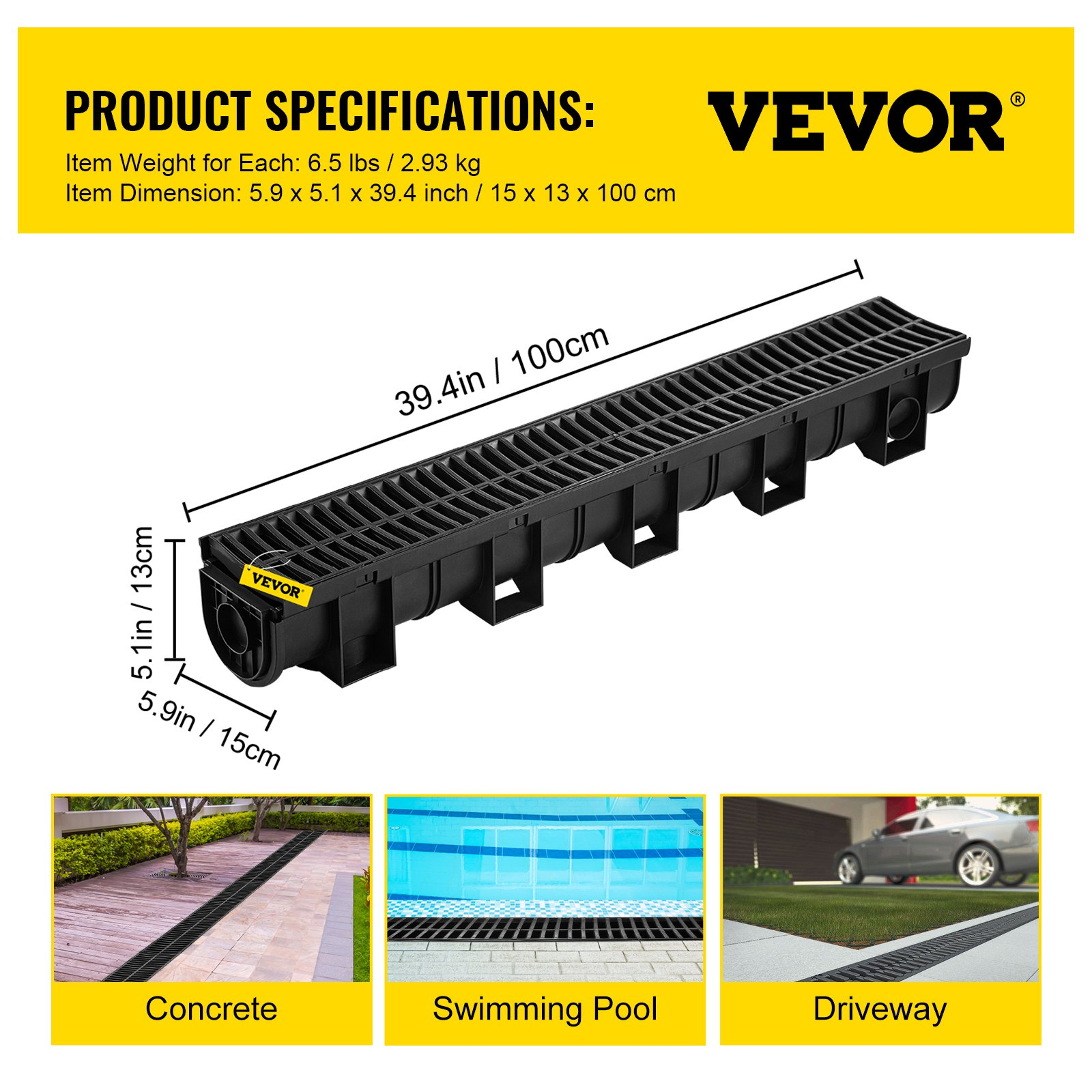 Trench Drain System, Channel Drain with Plastic Grate, Driveway-6 Pack - Picture 6 of 10