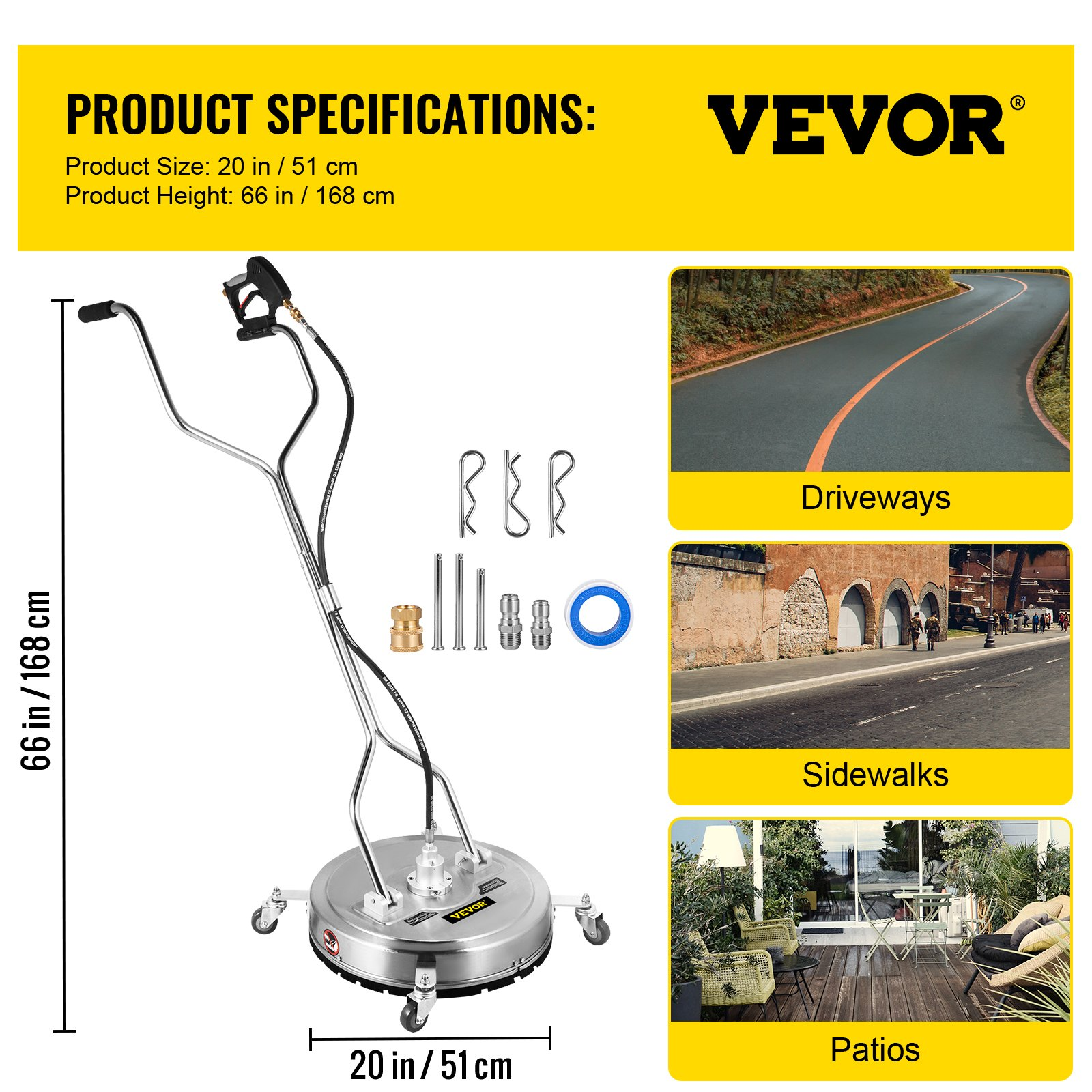 VEVOR Pressure Washer Surface Cleaner, 20'', Fit for 3/8'' Quick Connector