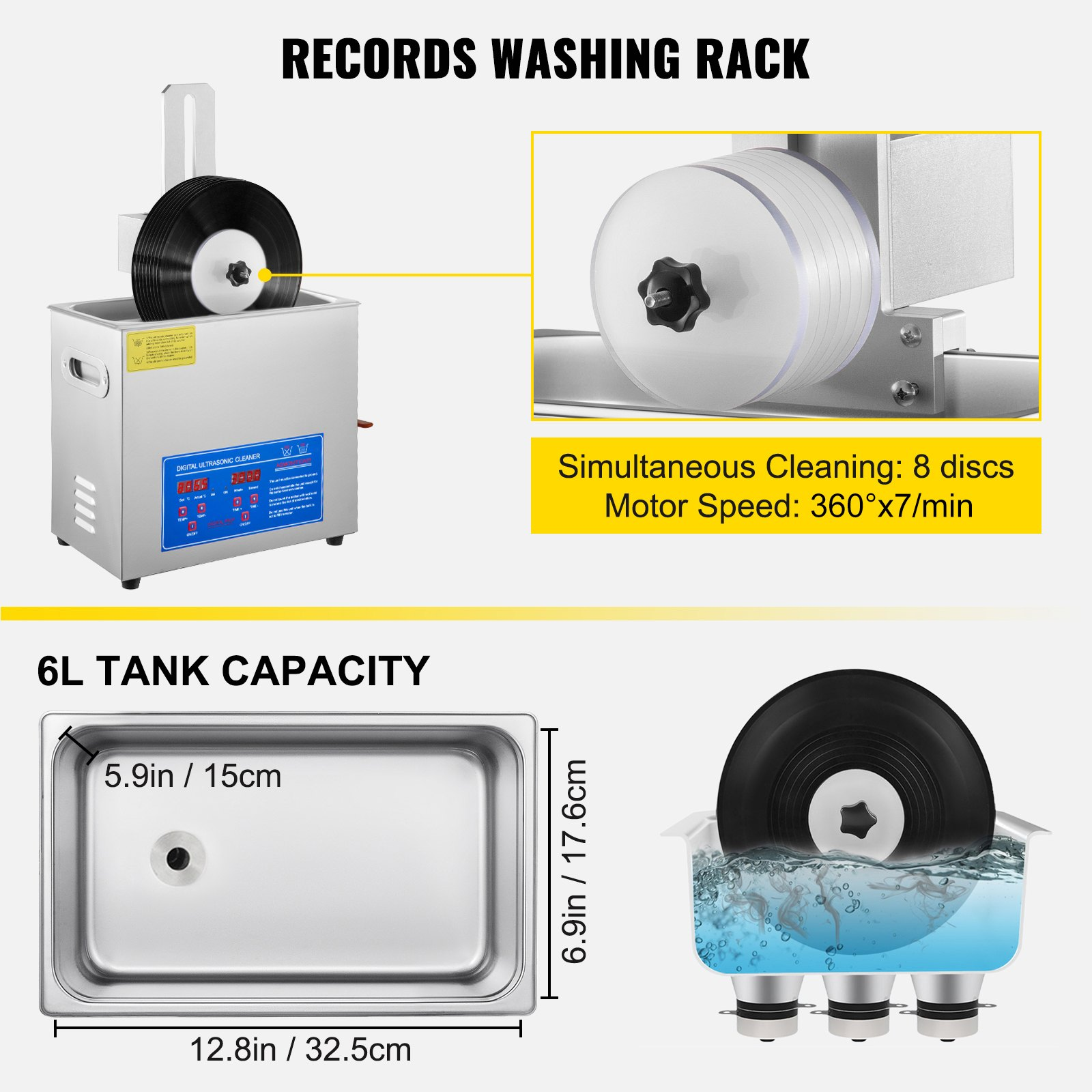 6L Ultrasonic Vinyl Record Cleaner 8 Records 7-12" Cleaning Machine 180W - Bild 6 von 12
