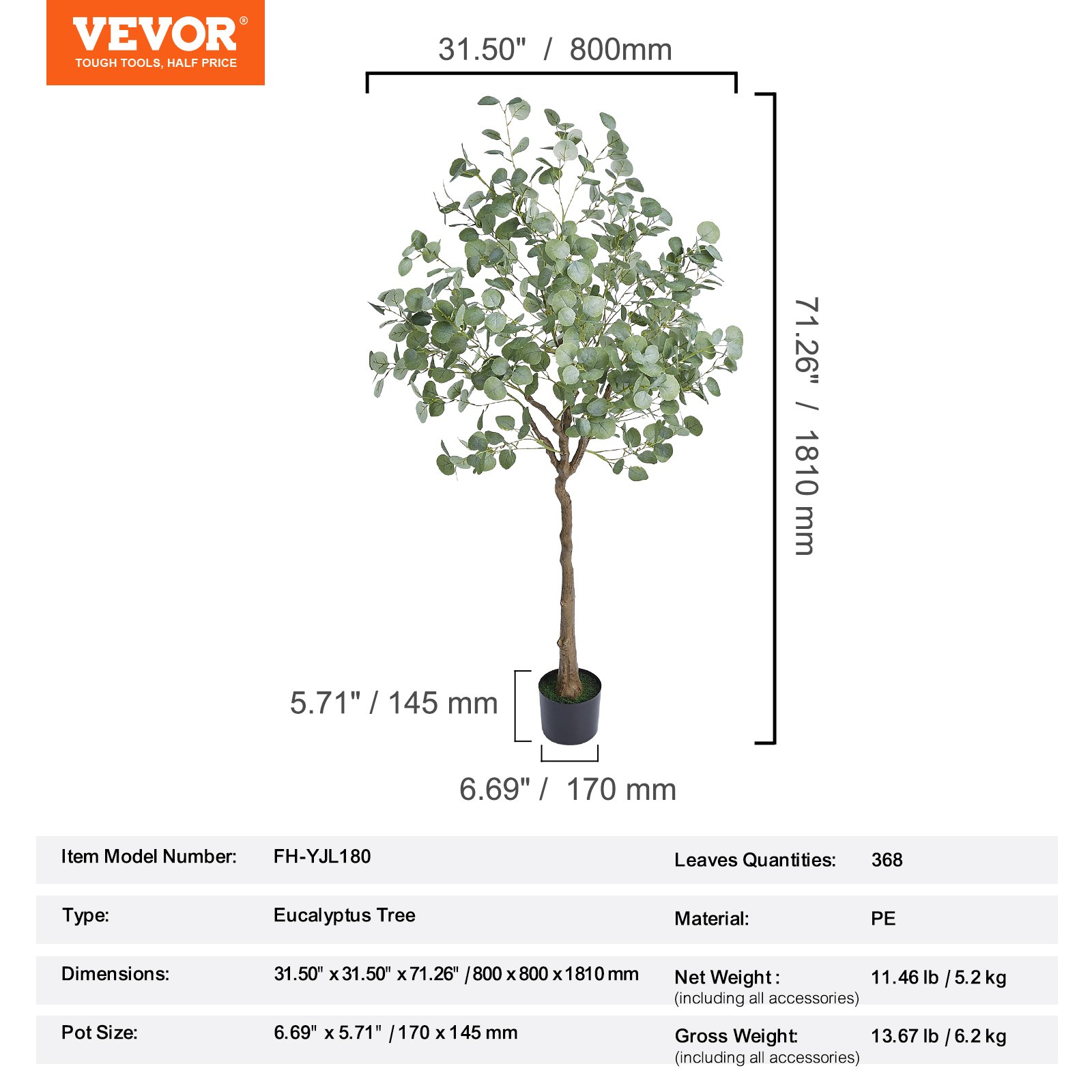 6 FT Artificial Eucalyptus Tree, Lifelike Faux Plant for Indoor/Outdoor Décor - Picture 6 of 10