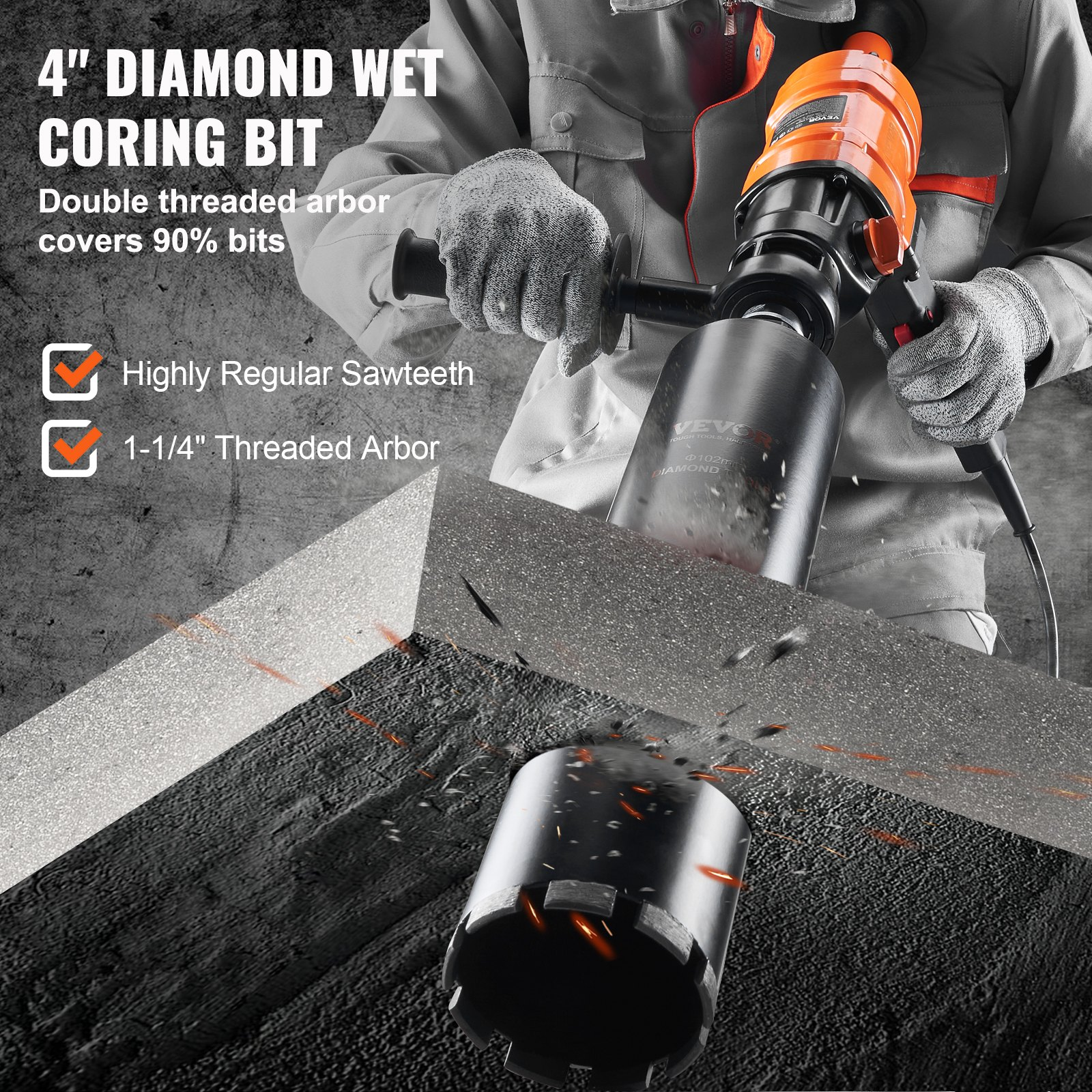 Diamond Core Drilling Machine, 4in Handheld Wet Concrete Core Drill Rig, 1500W
