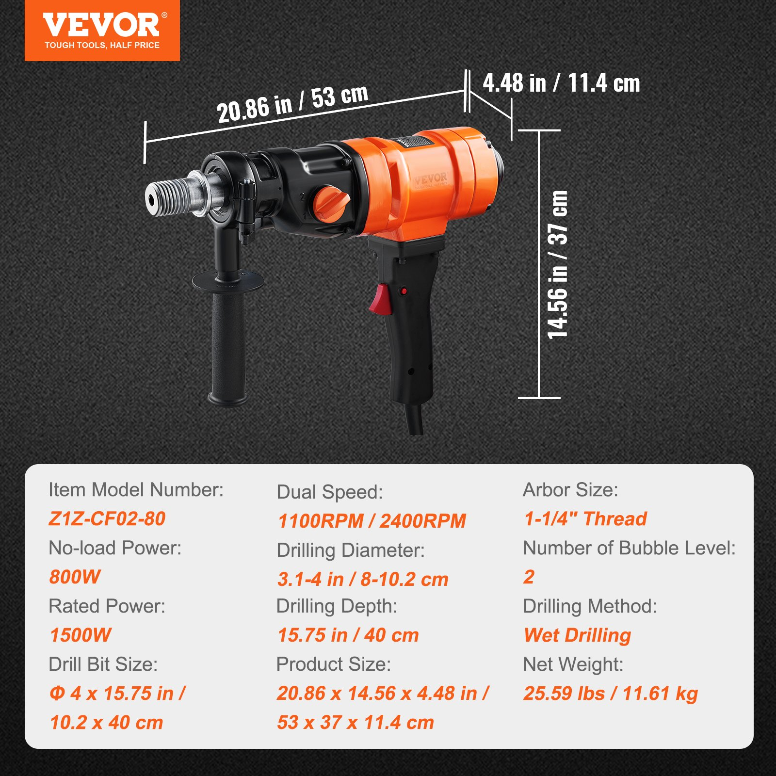 Diamond Core Drilling Machine, 4in Handheld Wet Concrete Core Drill Rig, 1500W