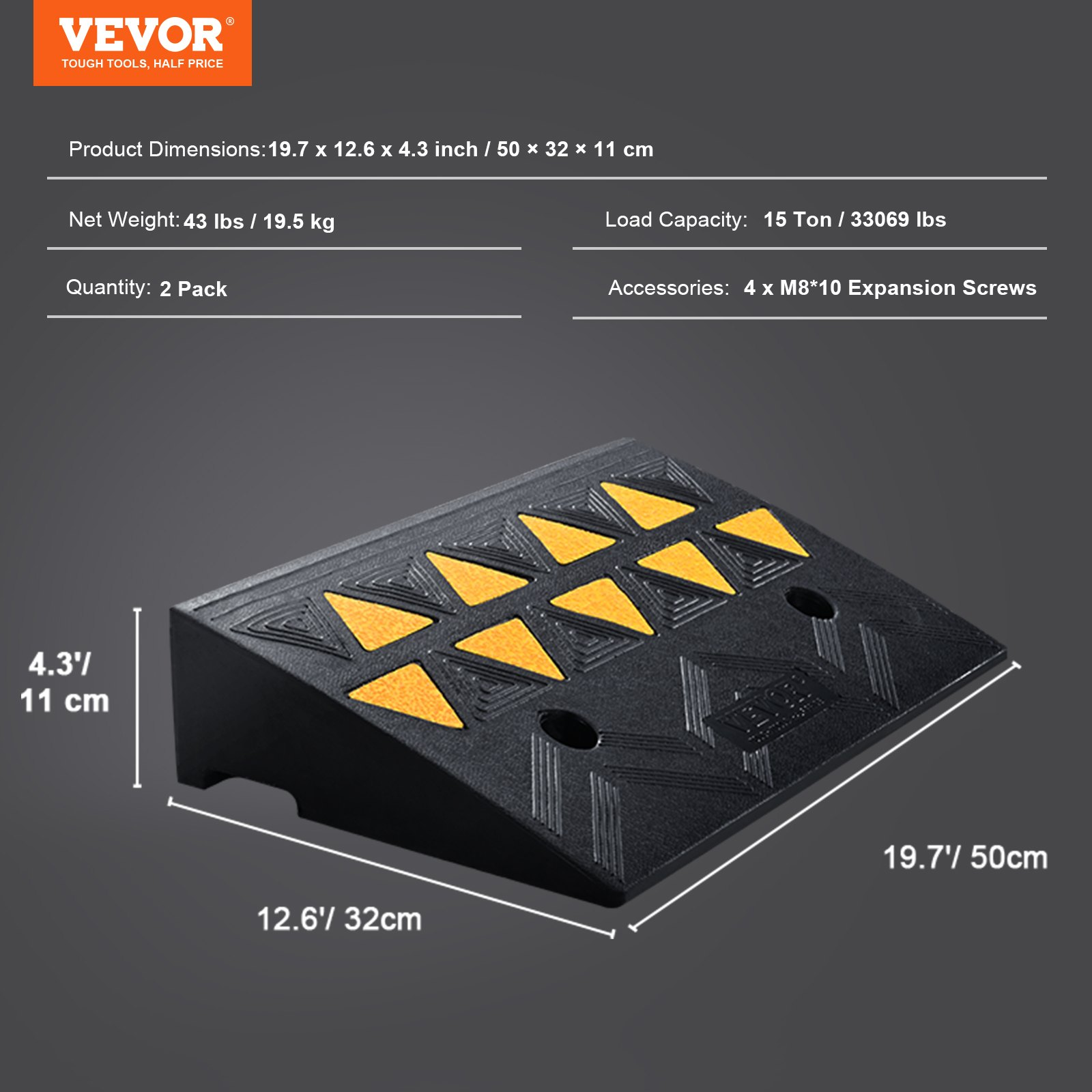 VEVOR Rubber Curb Ramp 2 Pack, 4.3" Rise Height Heavy-Duty 33069 lbs/15 T Capaci