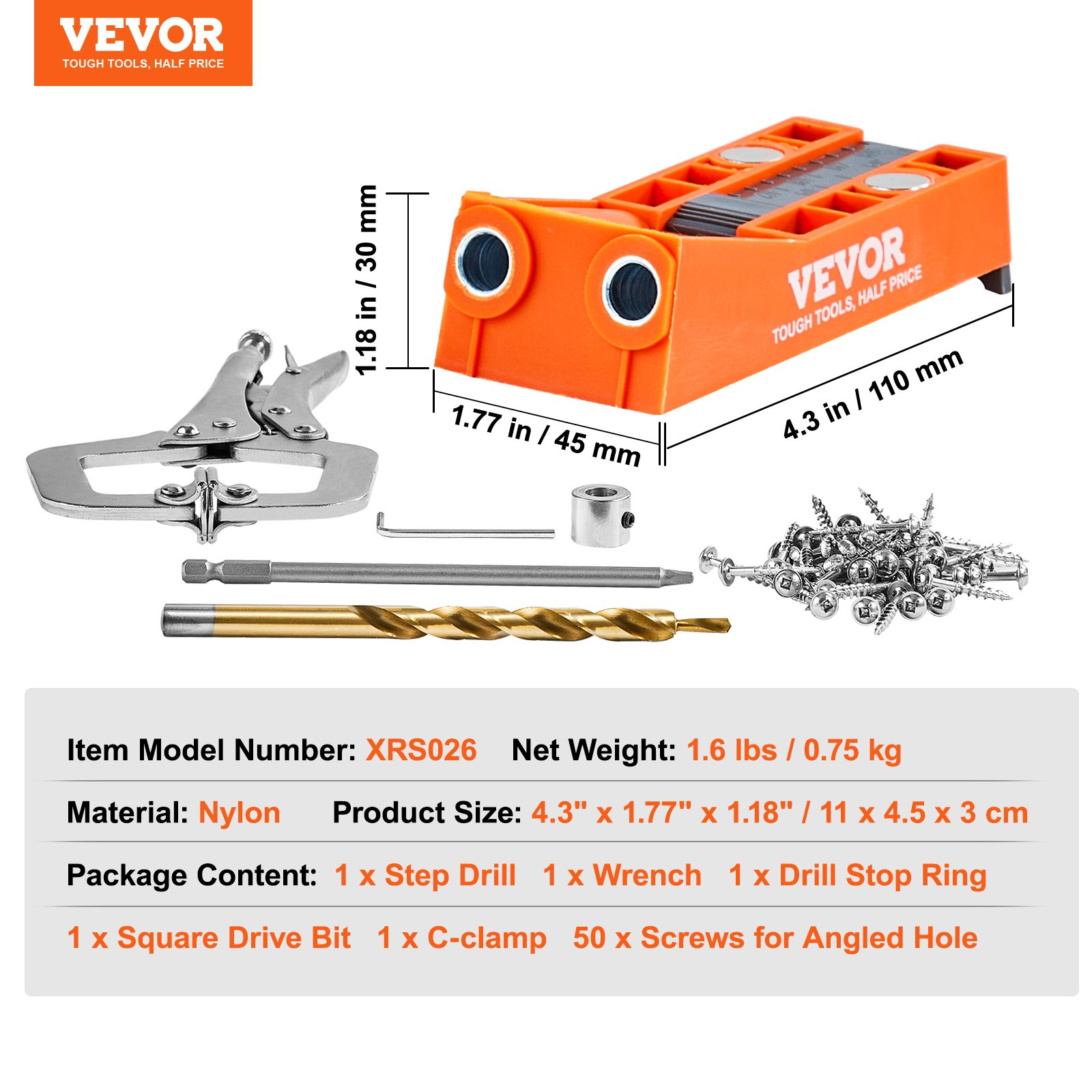 56 Pcs Pocket Hole Jig Kit w/ 9” C-Clamp, Drill, Bits & Screws for DIY - Picture 11 of 11