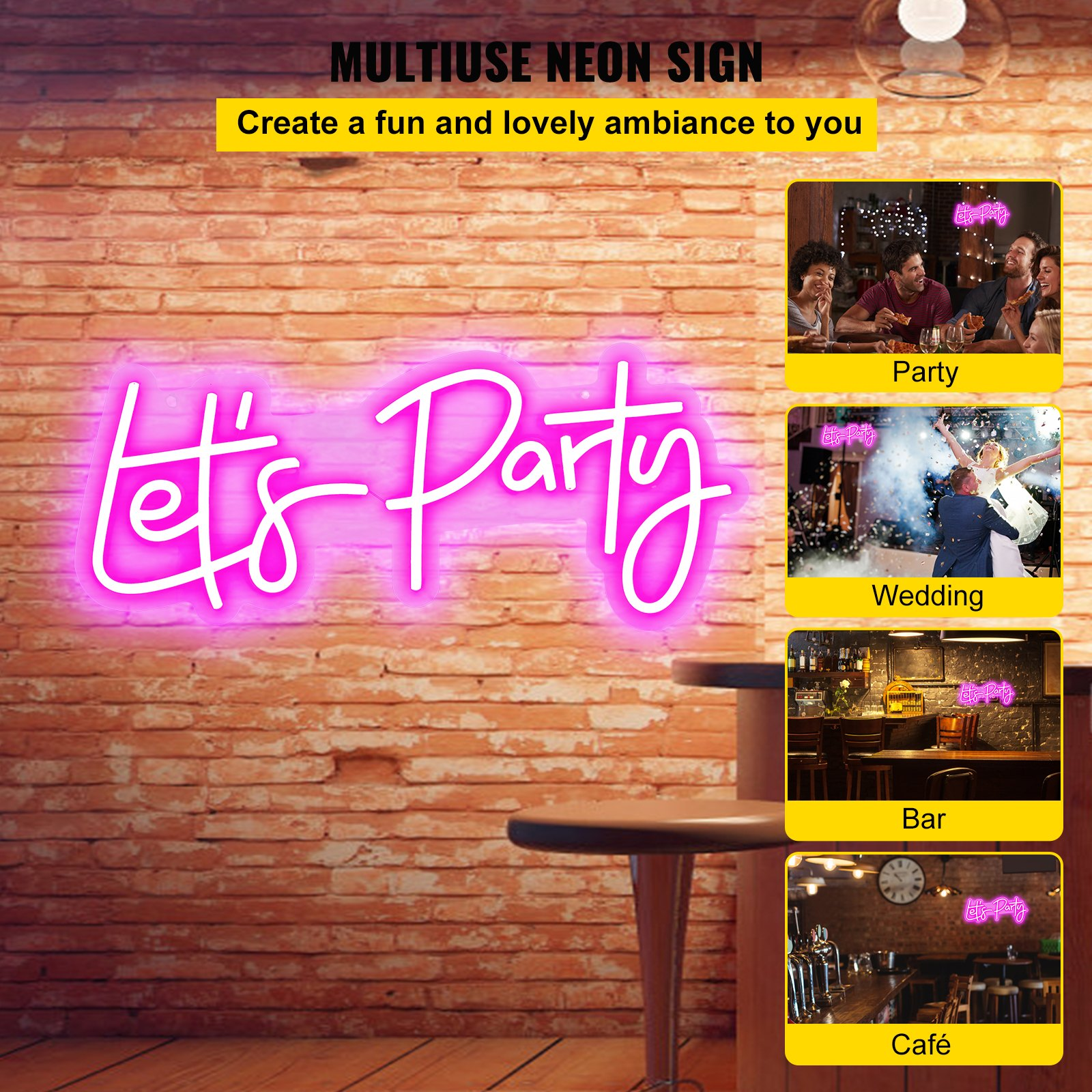 Let’s Party Neon Sign – Adjustable Brightness Pink Neon Light Sign for Party, We