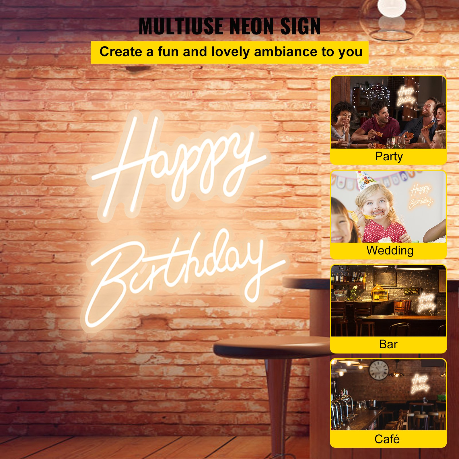 Insegna Al Neon VEVOR Happy Birthday, LED Bianco Caldo, Due Pezzi 46x20 E 66x19 Cm, Telecomando