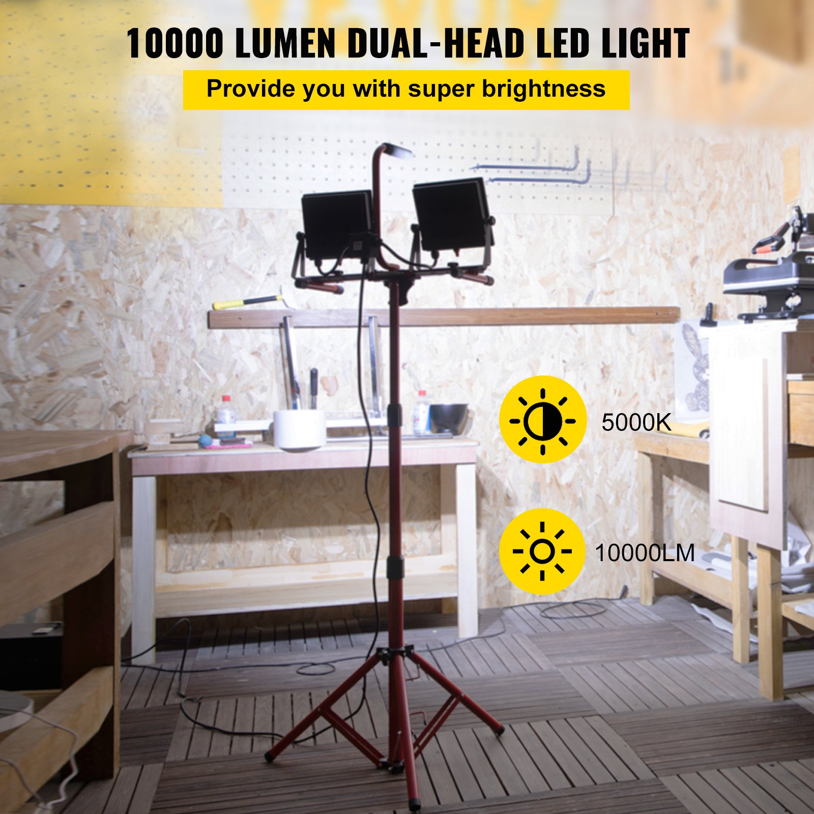 VEVOR LED Work Light with Stand, 10000 Lumen Dual-head LED Work Light with 27.6"