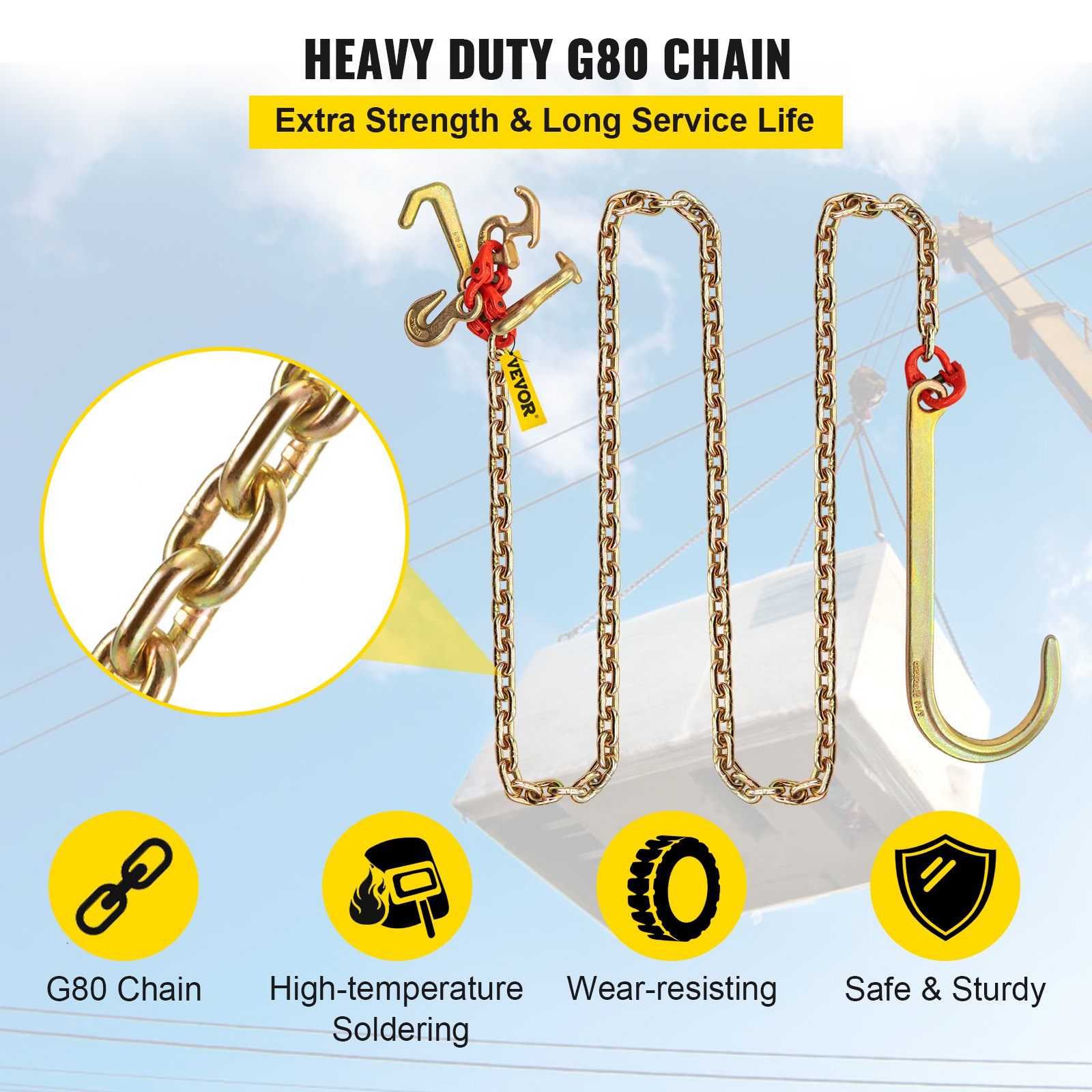 J Hook Chain 5/16 in x 10 ft Bridle Tow Chain - G80 Bridle Transport Chain, Allo