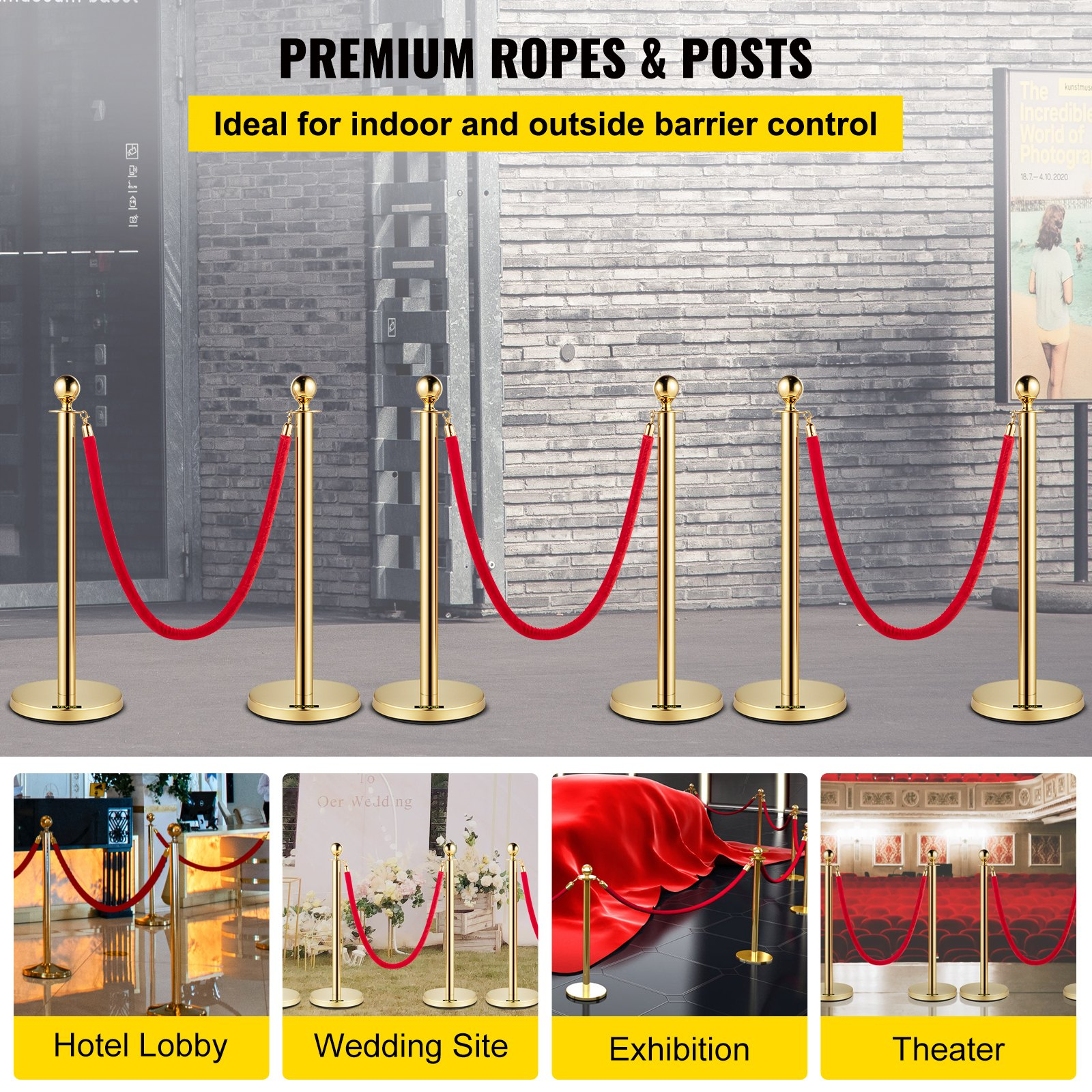 6 Pack Gold Stanchions w/ Red Velvet Rope 5ft Crowd Control Barrier Posts